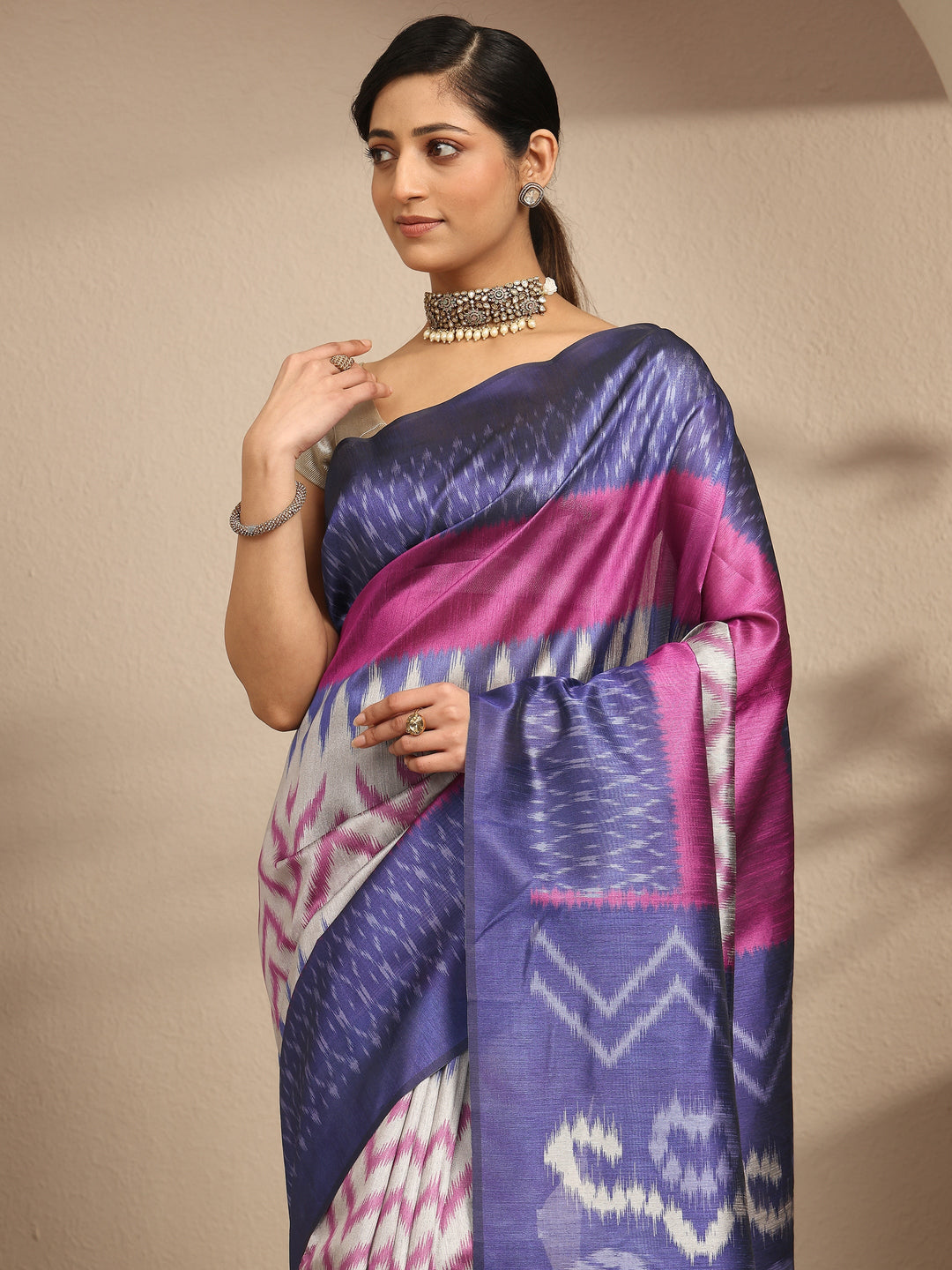  Blue Abstract Printed Silk Saree With Unstitched Blouse Piece 