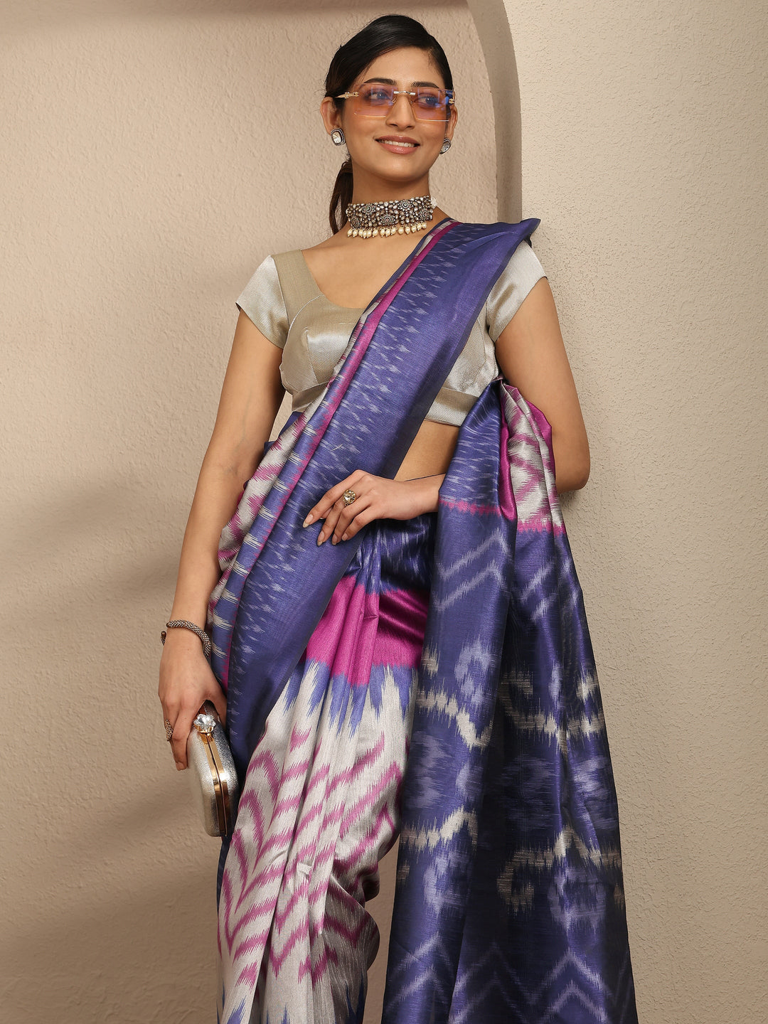  Blue Abstract Printed Silk Saree With Unstitched Blouse Piece 
