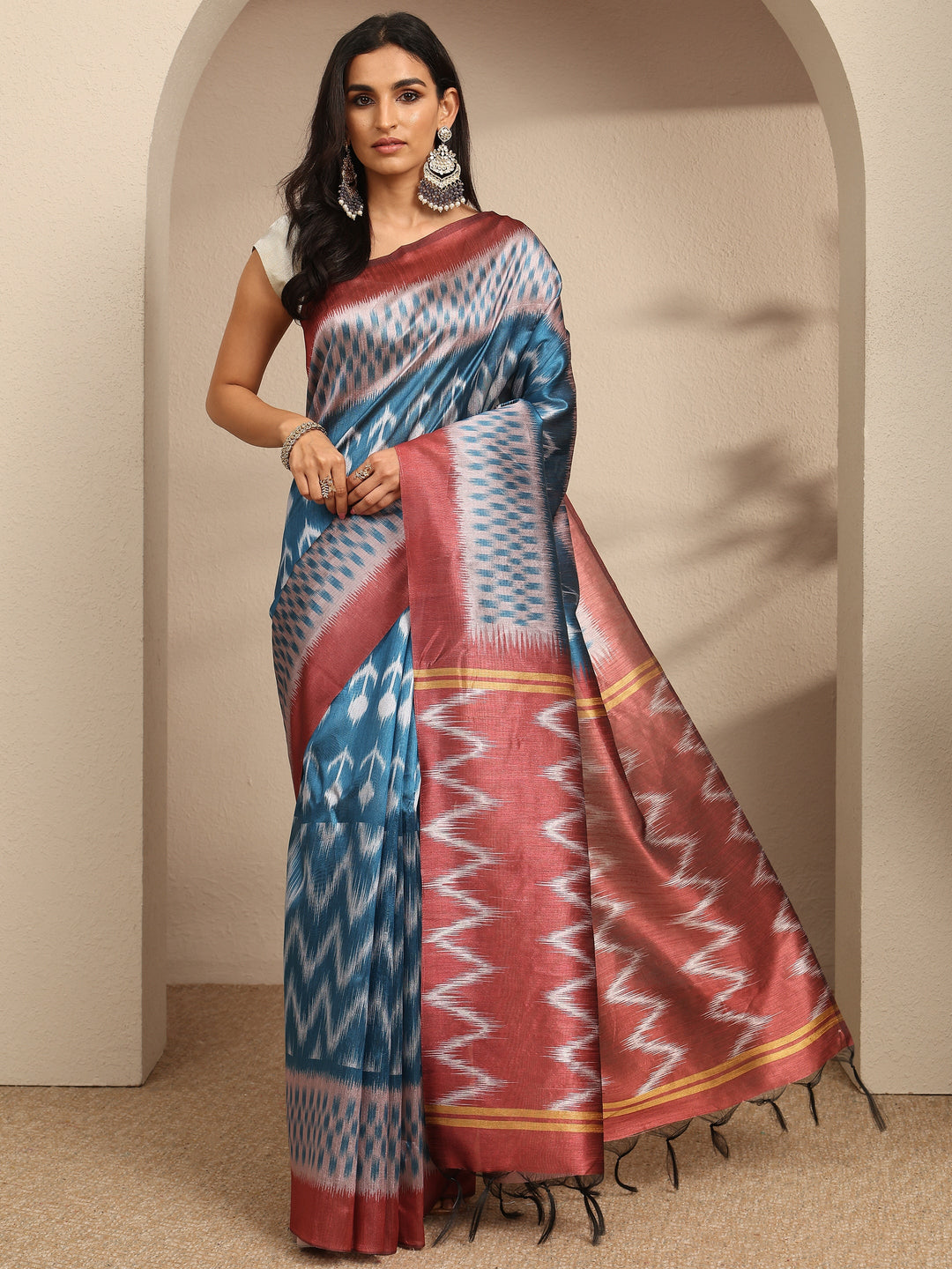  Blue Chevron Printed Silk Saree With Unstitched Blouse Piece 