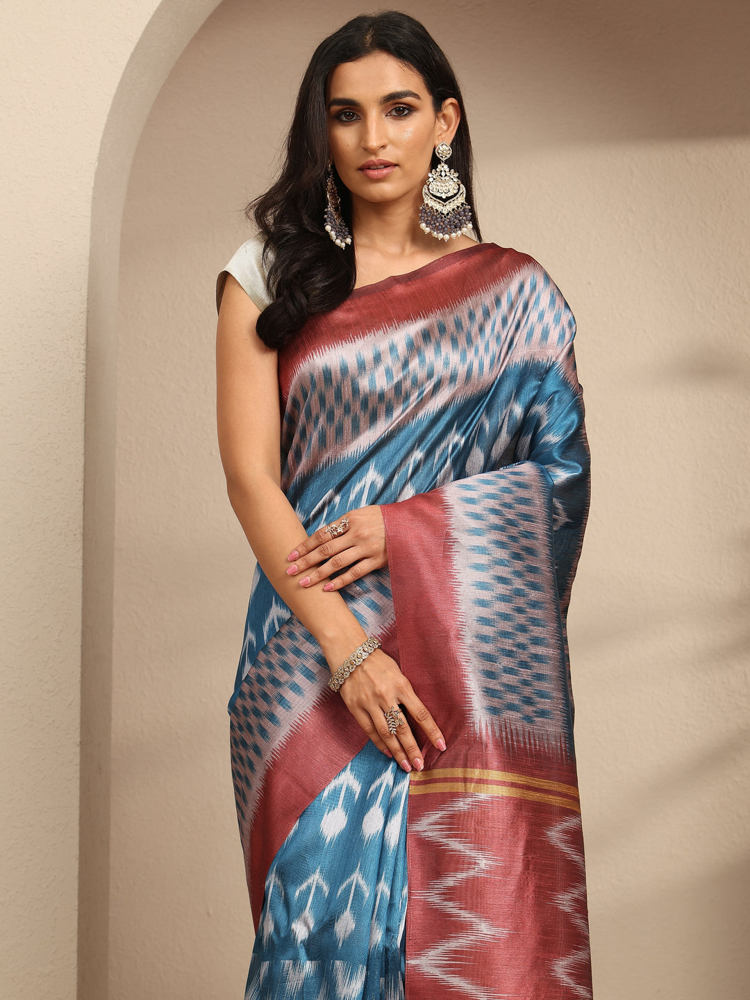  Blue Chevron Printed Silk Saree With Unstitched Blouse Piece 