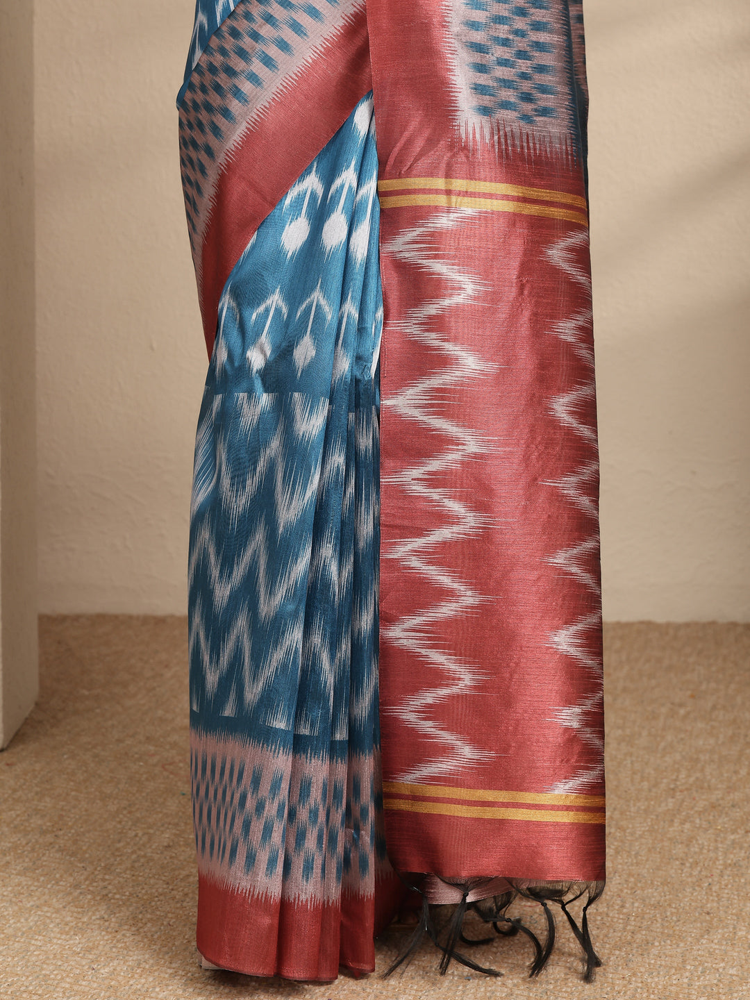  Blue Chevron Printed Silk Saree With Unstitched Blouse Piece 