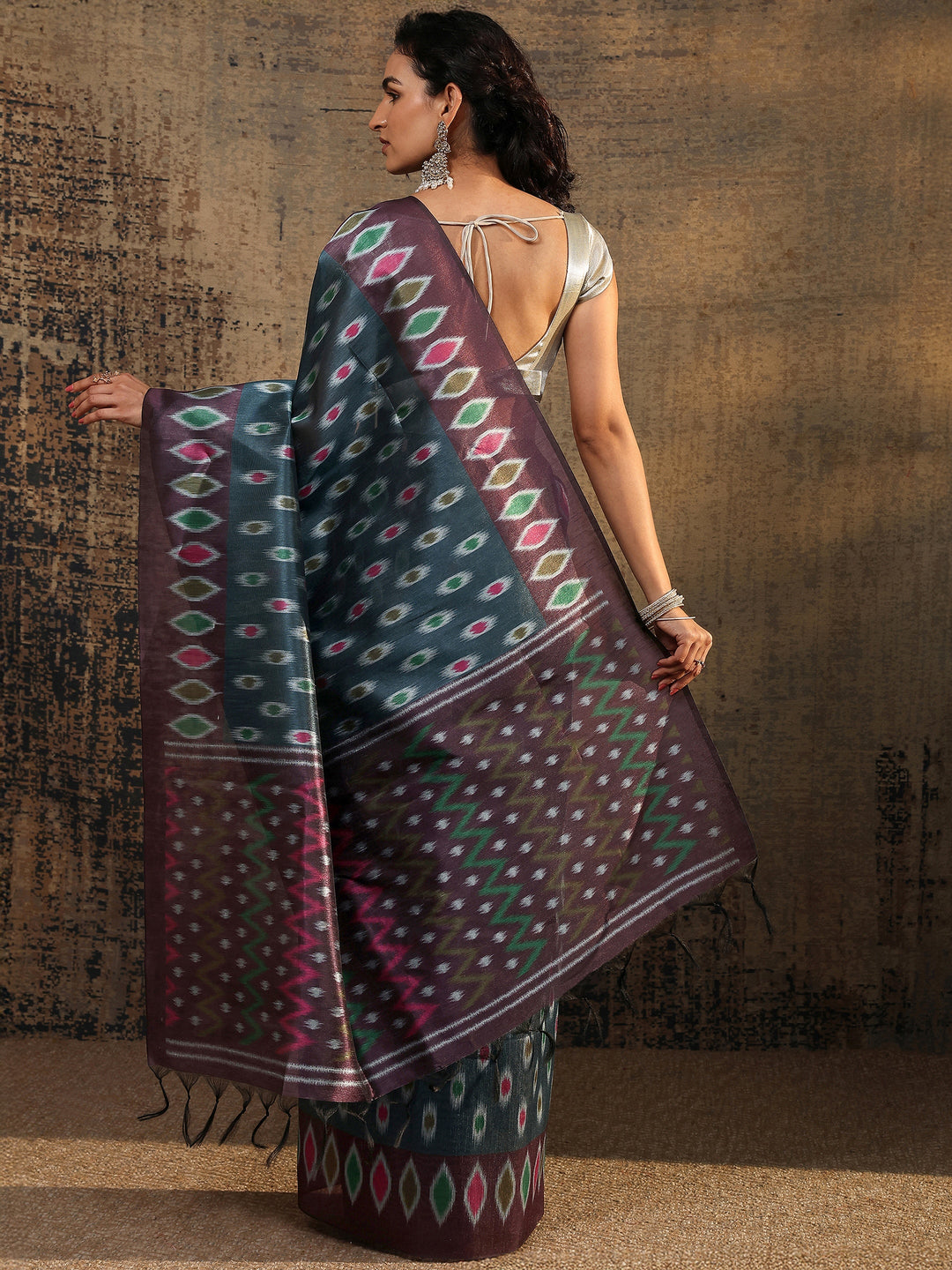  Navy Blue Ikat Printed Silk Saree With Unstitched Blouse Piece 