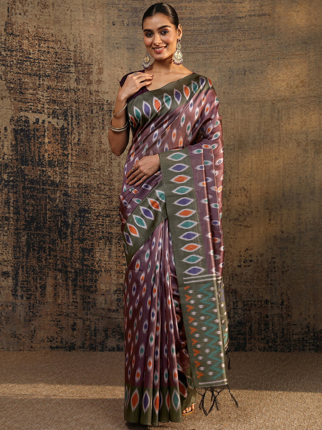  Burgundy Ikat Printed Silk Saree With Unstitched Blouse Piece 