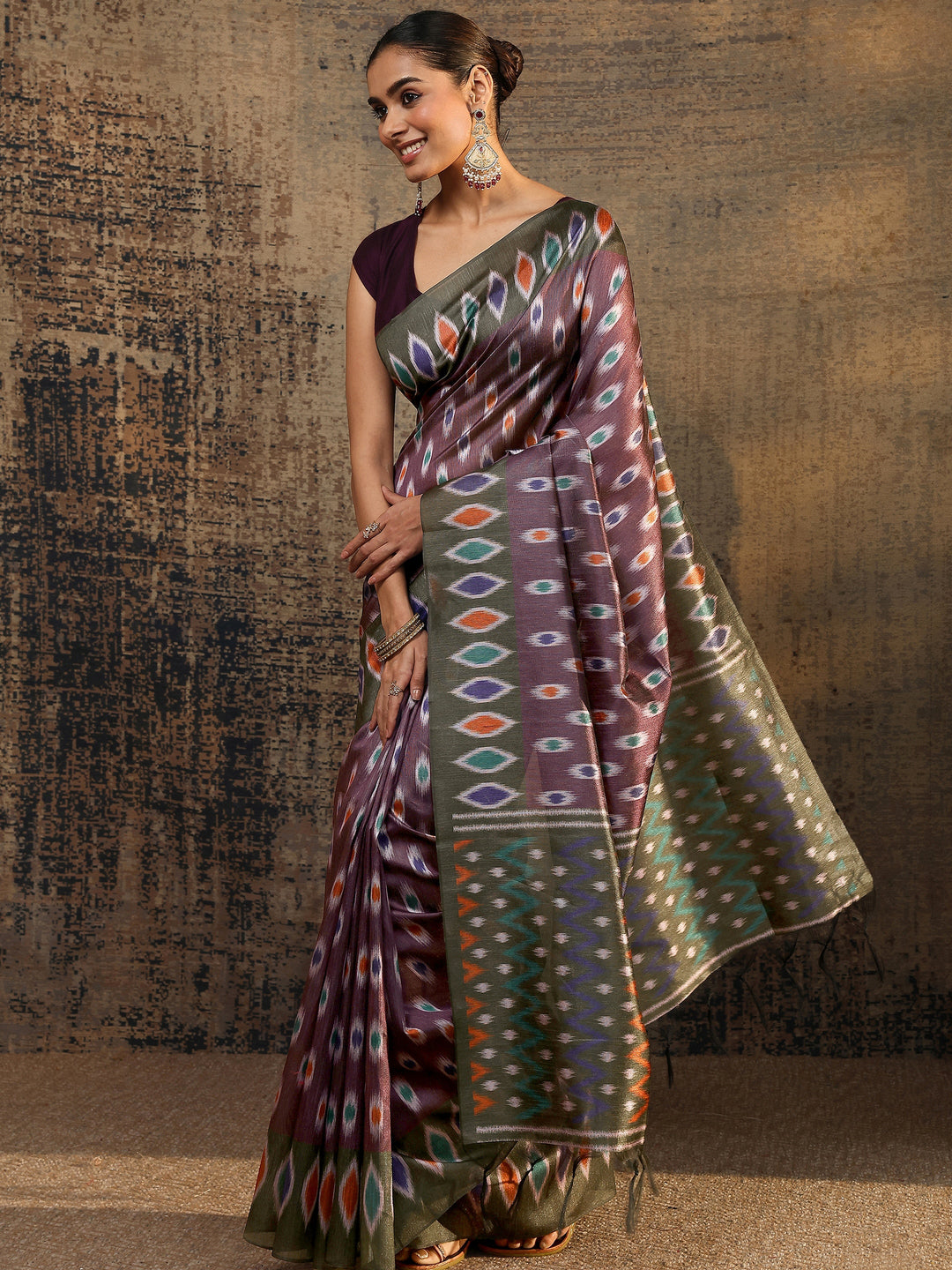  Burgundy Ikat Printed Silk Saree With Unstitched Blouse Piece 