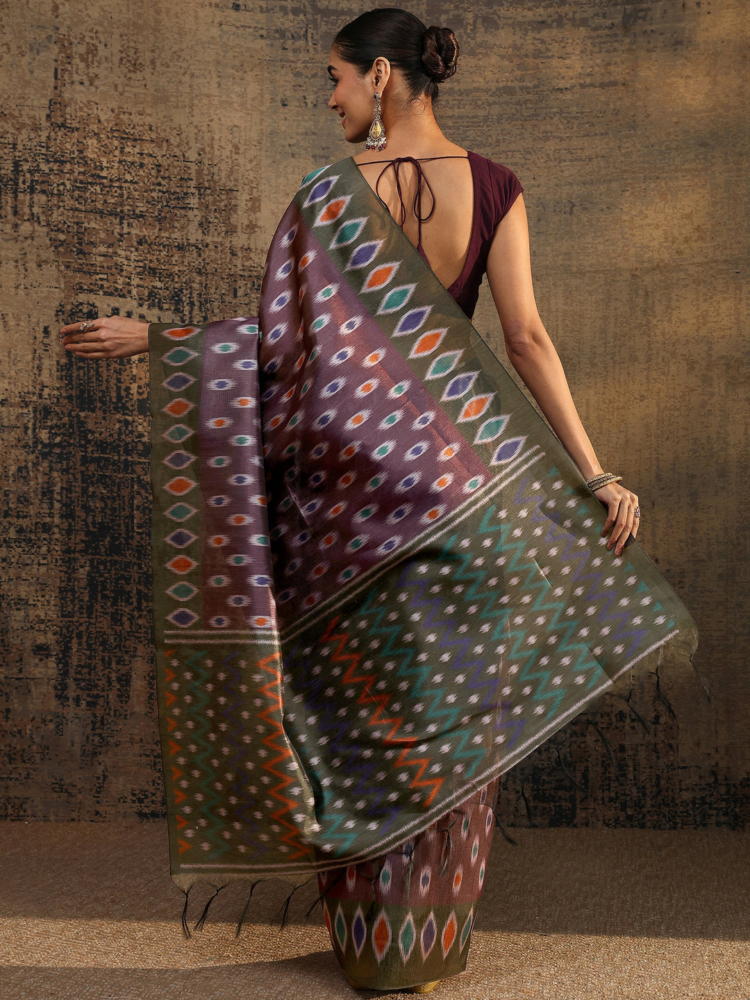  Burgundy Ikat Printed Silk Saree With Unstitched Blouse Piece 