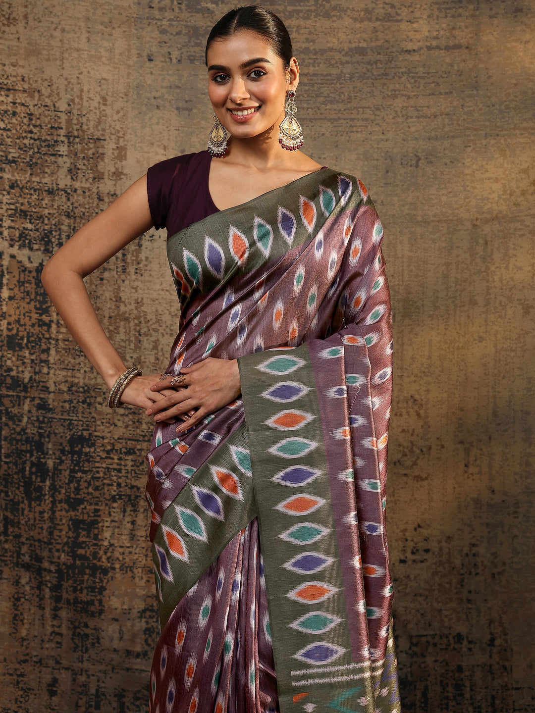  Burgundy Ikat Printed Silk Saree With Unstitched Blouse Piece 