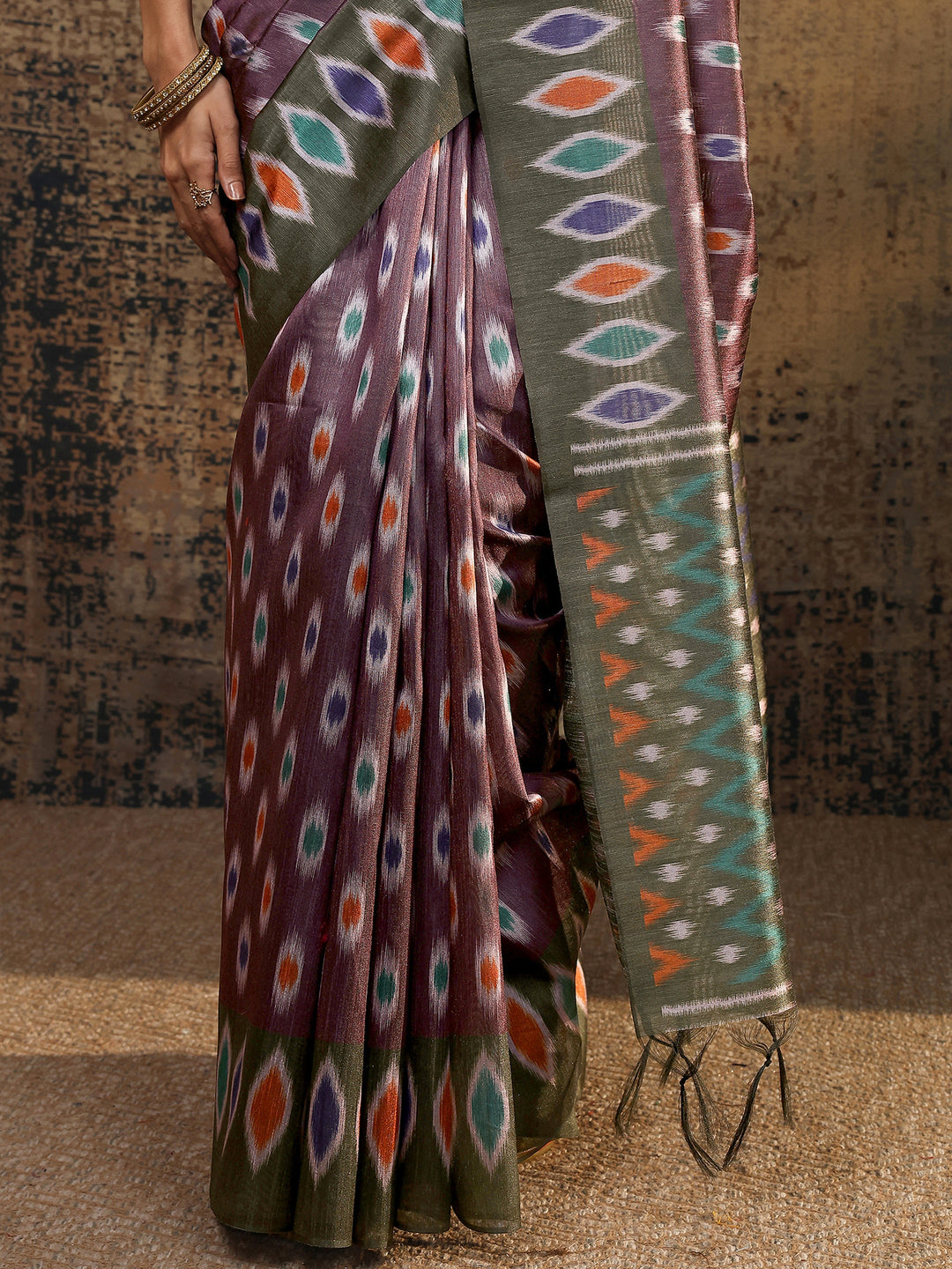  Burgundy Ikat Printed Silk Saree With Unstitched Blouse Piece 