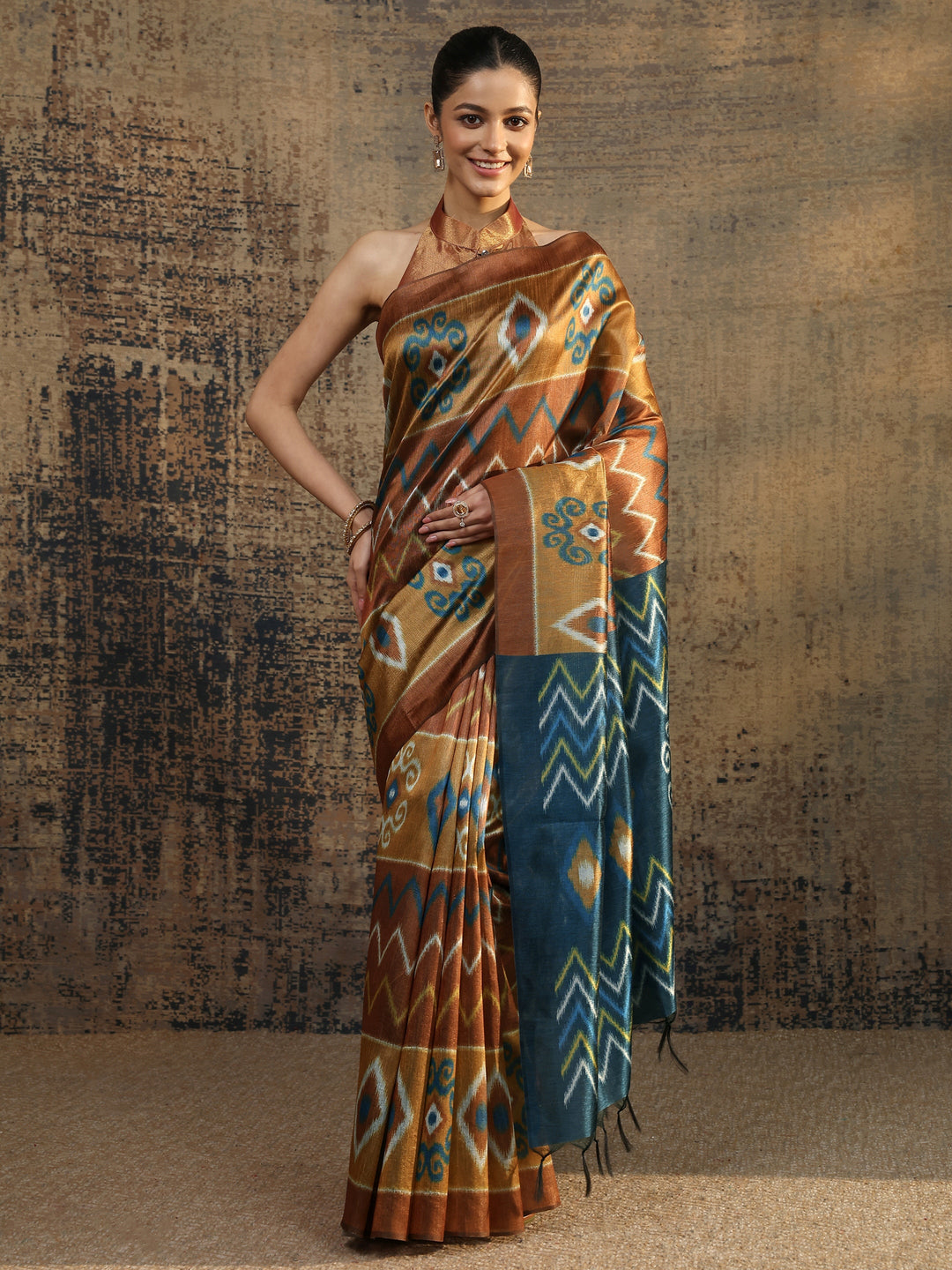  Mustard Chevron Printed Silk Saree With Unstitched Blouse Piece 