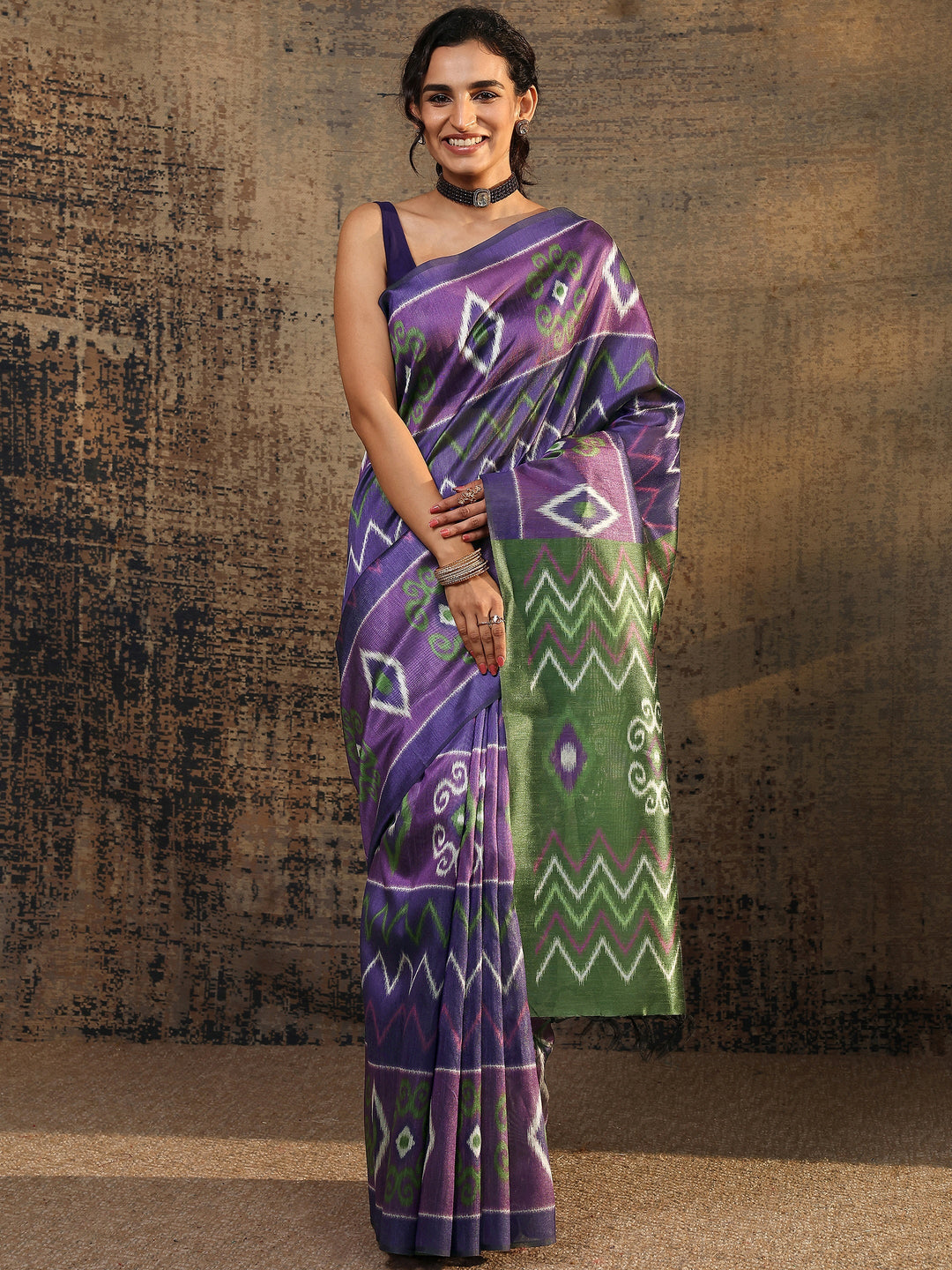  Purple Ikat Printed Silk Saree With Unstitched Blouse Piece 