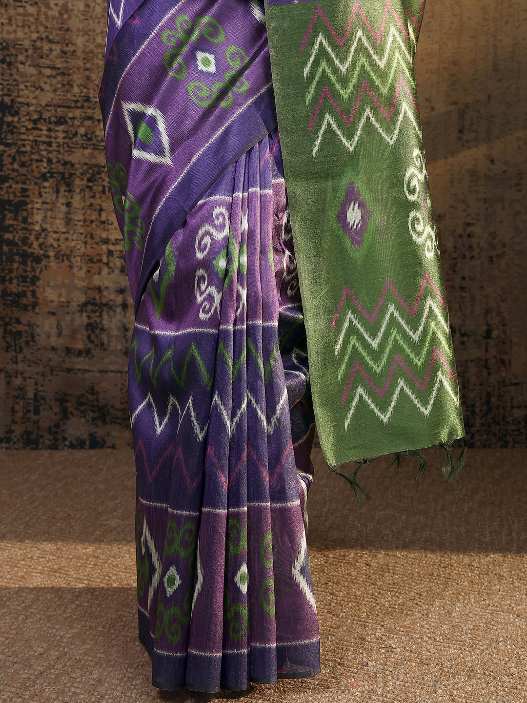  Purple Ikat Printed Silk Saree With Unstitched Blouse Piece 