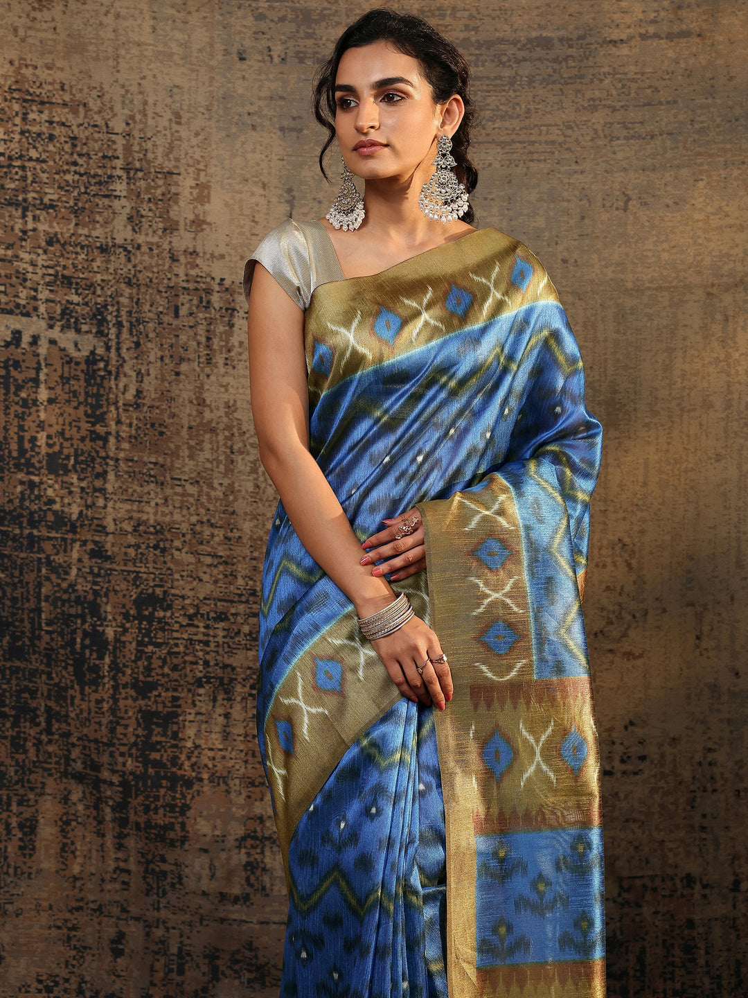 Blue Ikat Printed Silk Saree With Unstitched Blouse Piece 