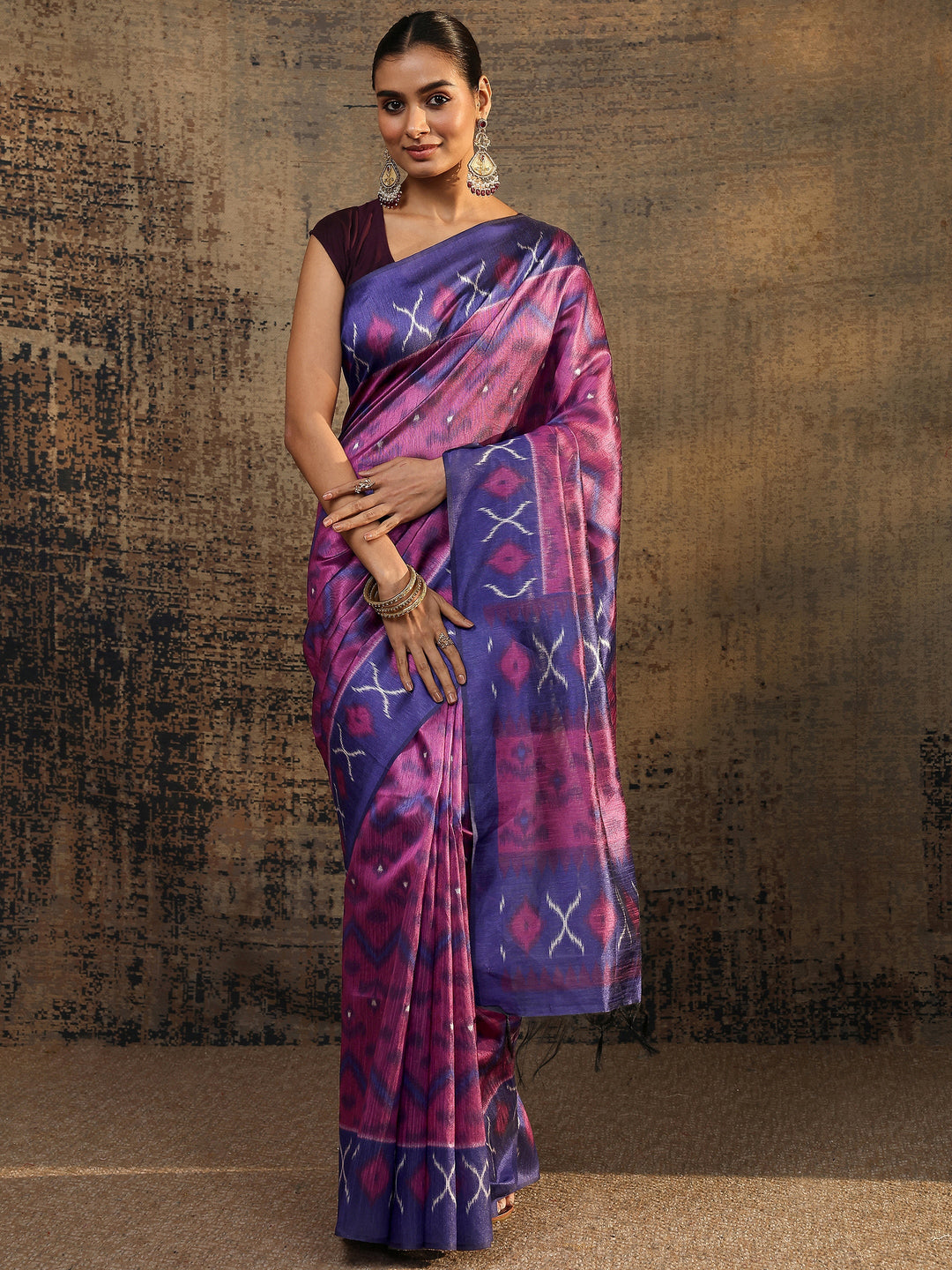  Purple Ikat Printed Silk Saree With Unstitched Blouse Piece 
