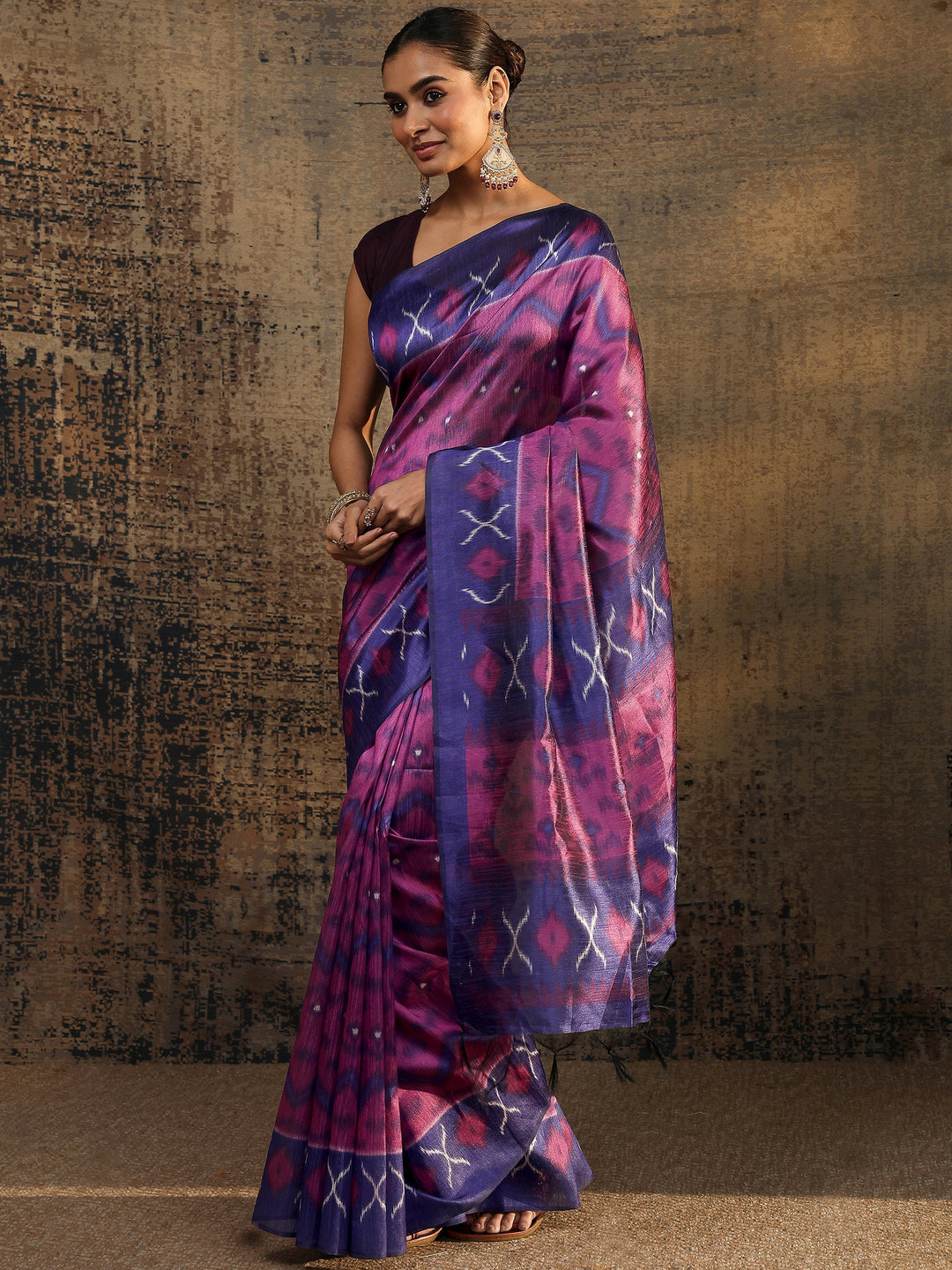  Purple Ikat Printed Silk Saree With Unstitched Blouse Piece 