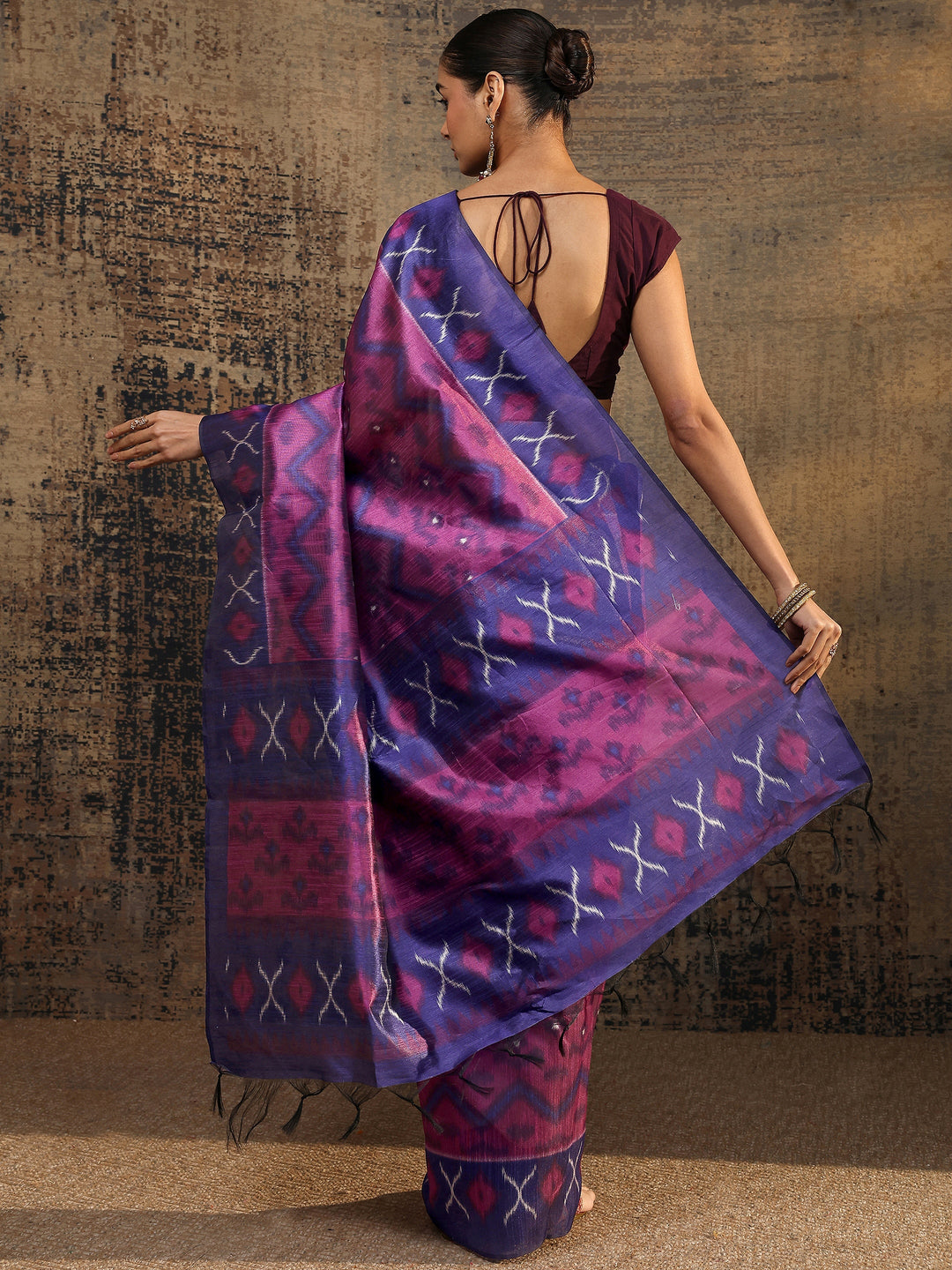  Purple Ikat Printed Silk Saree With Unstitched Blouse Piece 