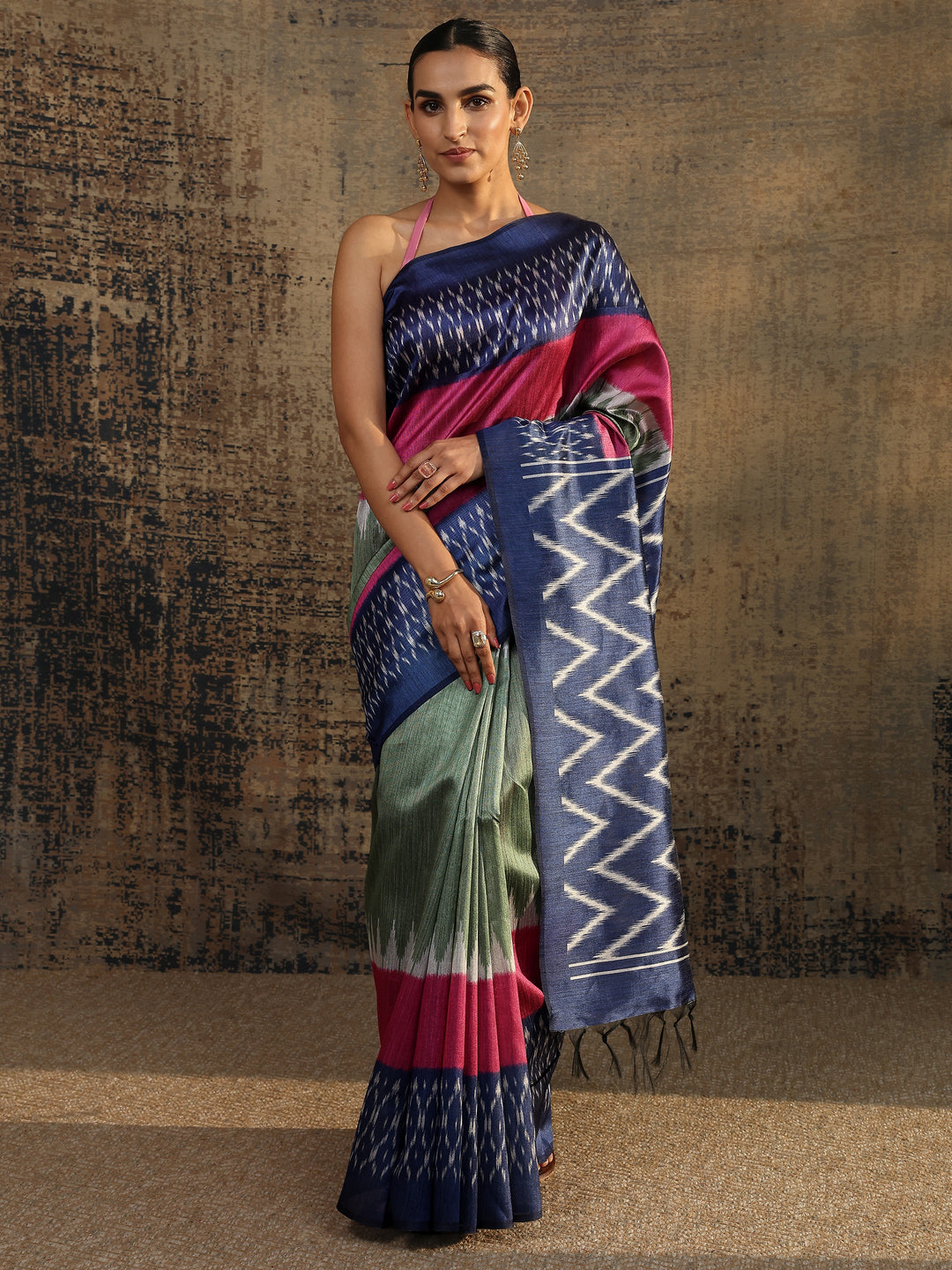  Multi Chevron Printed Silk Saree With Unstitched Blouse Piece 