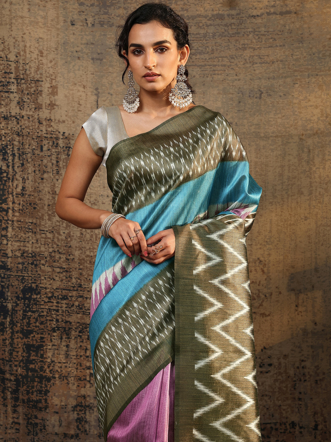  Olive Ikat Printed Silk Saree With Unstitched Blouse Piece 