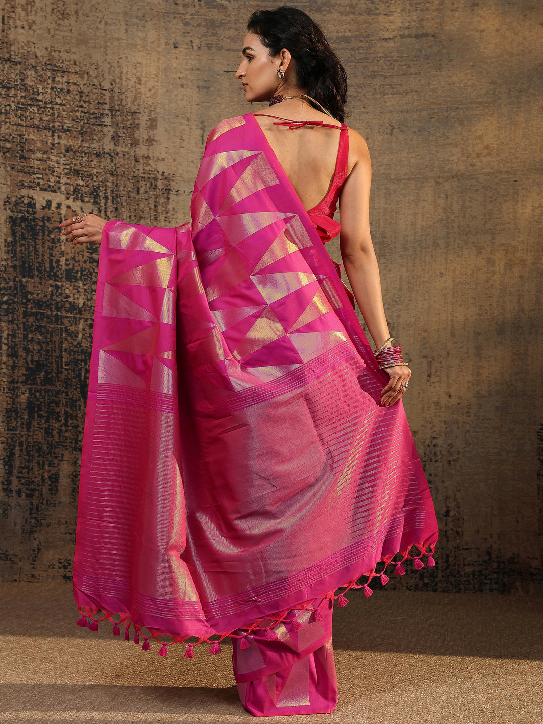 Pink Geometric Woven Design Silk Blend Saree With Unstitched Blouse Piece 