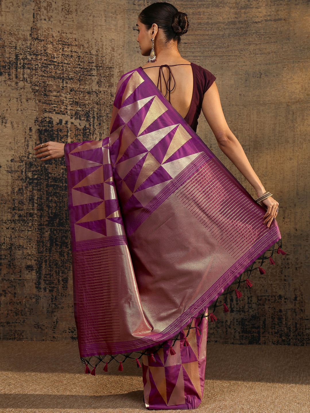  Purple Geometric Woven Design Silk Blend Saree With Unstitched Blouse Piece 