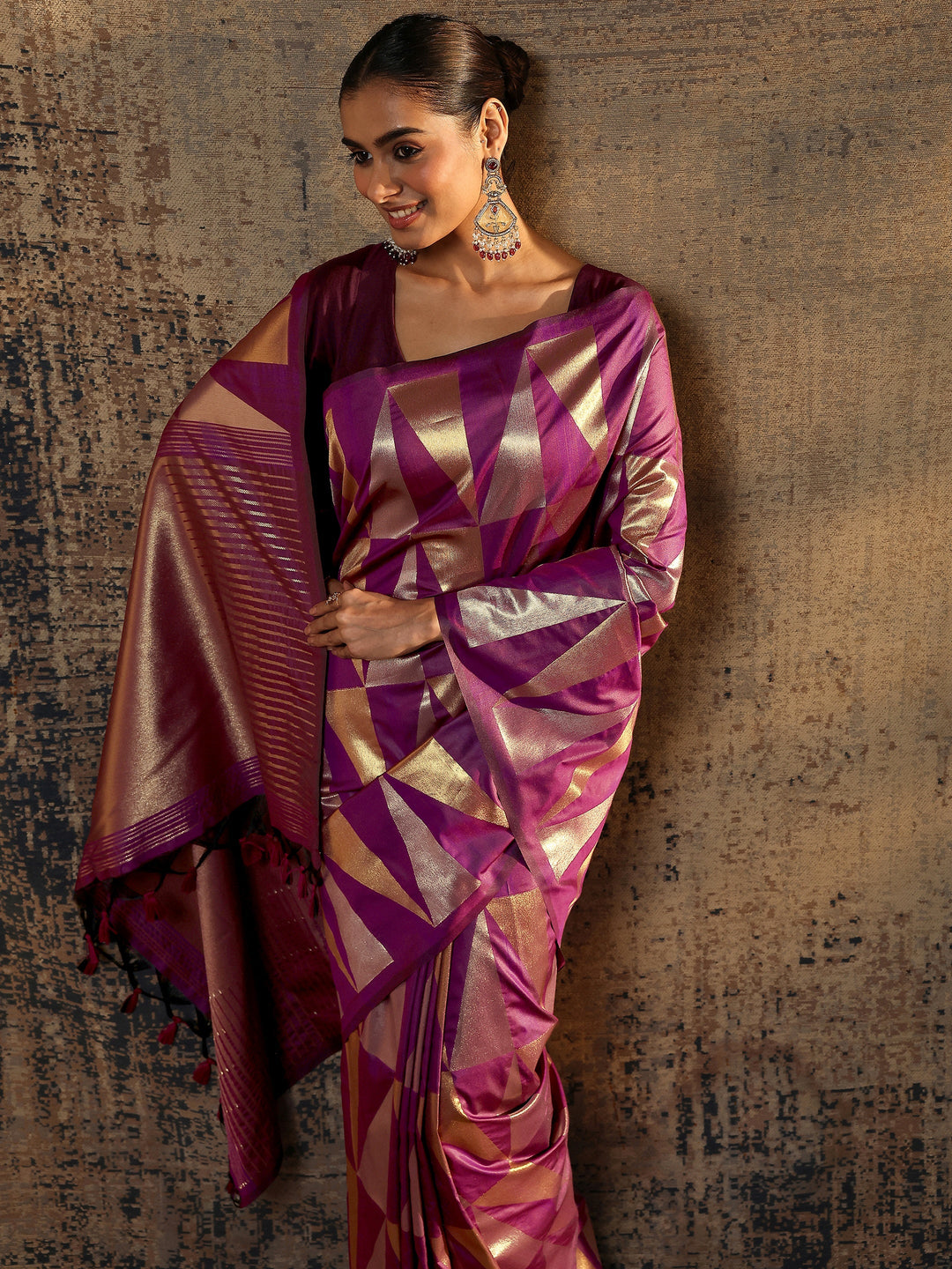  Purple Geometric Woven Design Silk Blend Saree With Unstitched Blouse Piece 