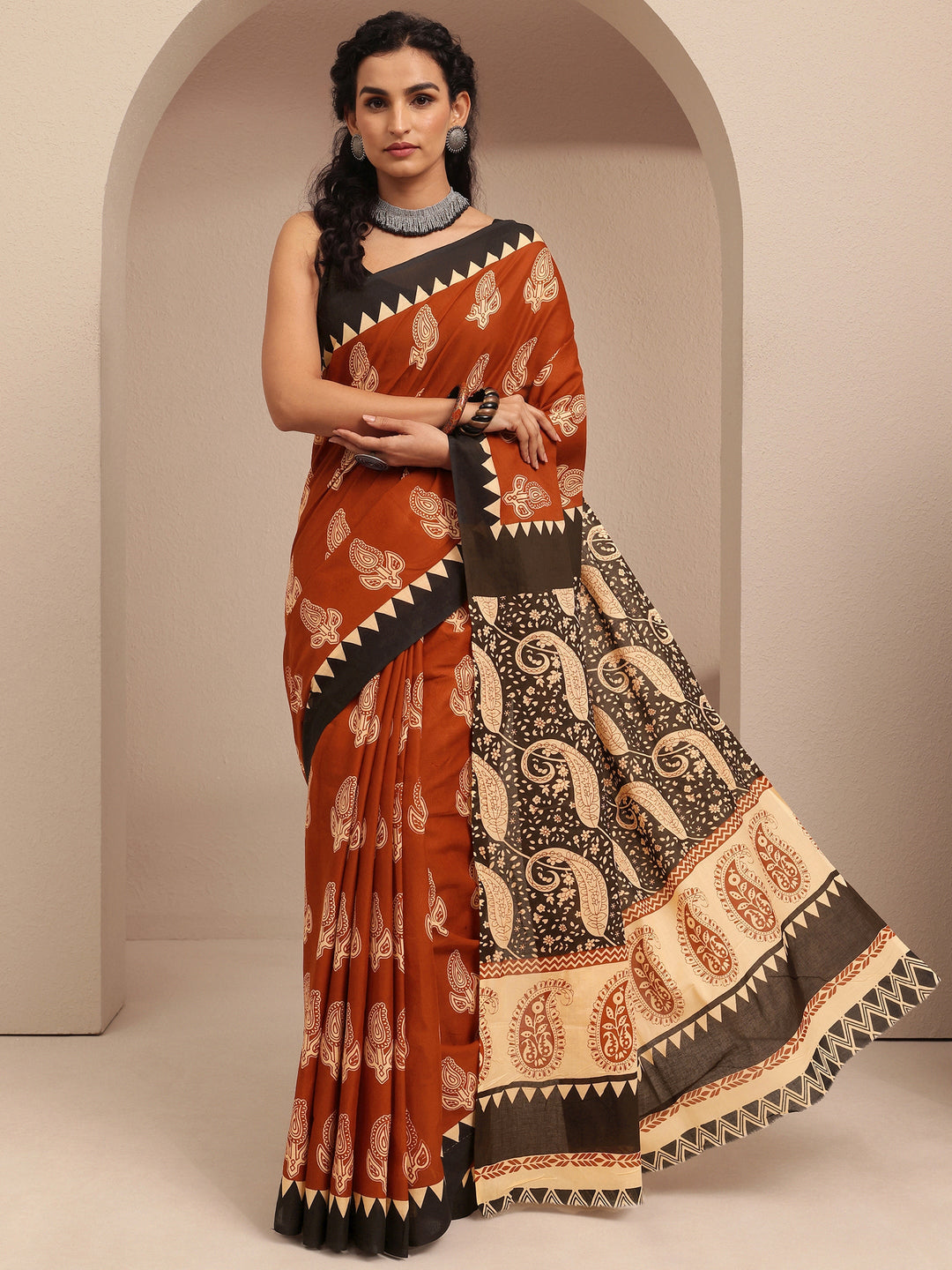  Brown Block Printed Cotton Saree With Unstitched Blouse Piece 