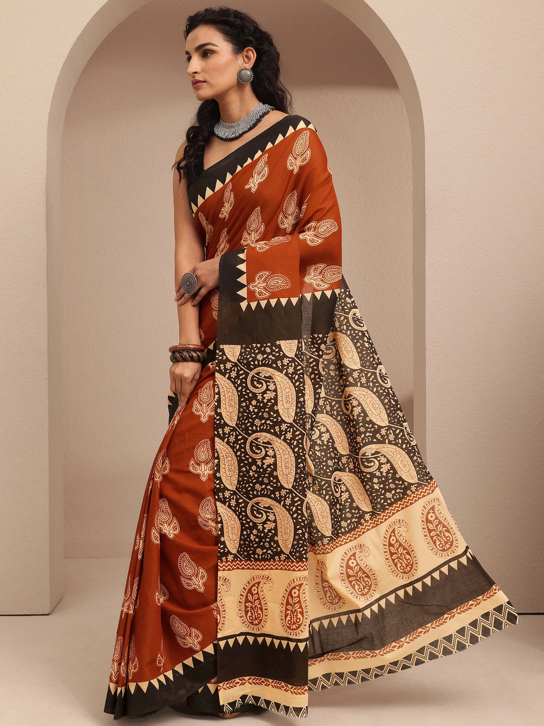  Brown Block Printed Cotton Saree With Unstitched Blouse Piece 