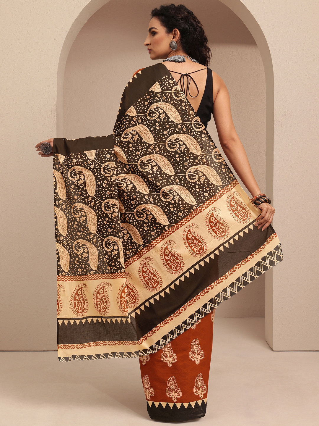  Brown Block Printed Cotton Saree With Unstitched Blouse Piece 