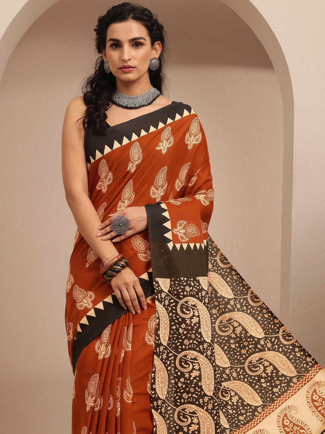  Brown Block Printed Cotton Saree With Unstitched Blouse Piece 