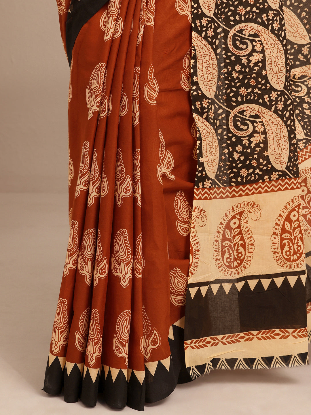  Brown Block Printed Cotton Saree With Unstitched Blouse Piece 