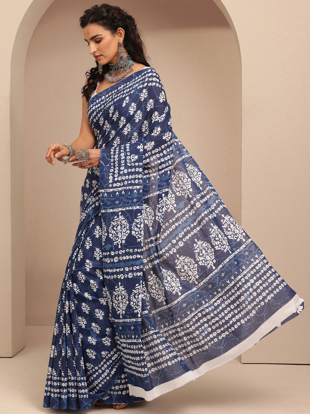  Navy Blue Block Printed Cotton Saree With Unstitched Blouse Piece 