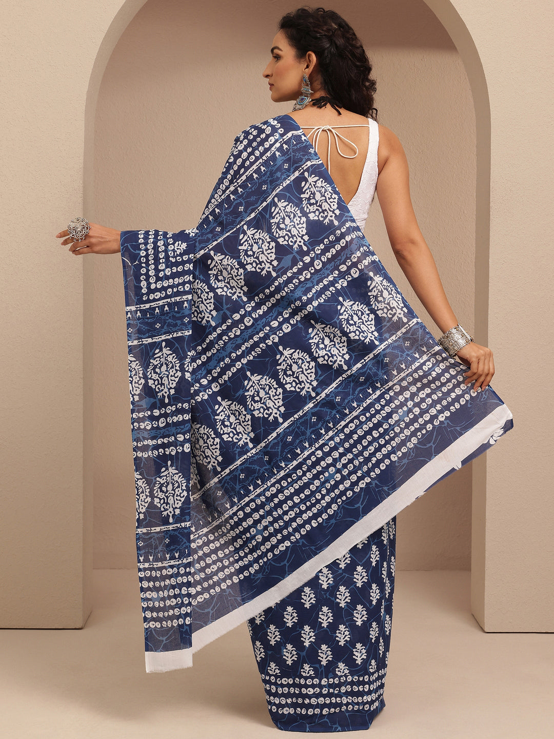  Navy Blue Block Printed Cotton Saree With Unstitched Blouse Piece 