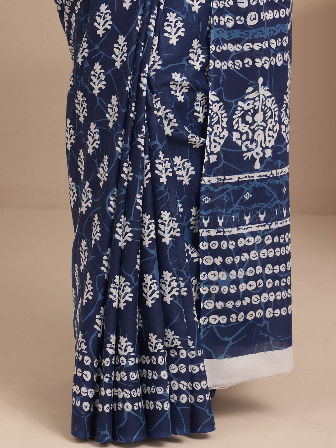  Navy Blue Block Printed Cotton Saree With Unstitched Blouse Piece 