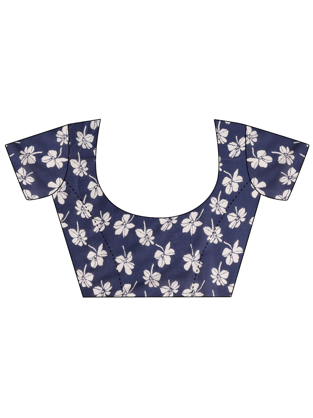  Navy Blue Block Printed Cotton Saree With Unstitched Blouse Piece 