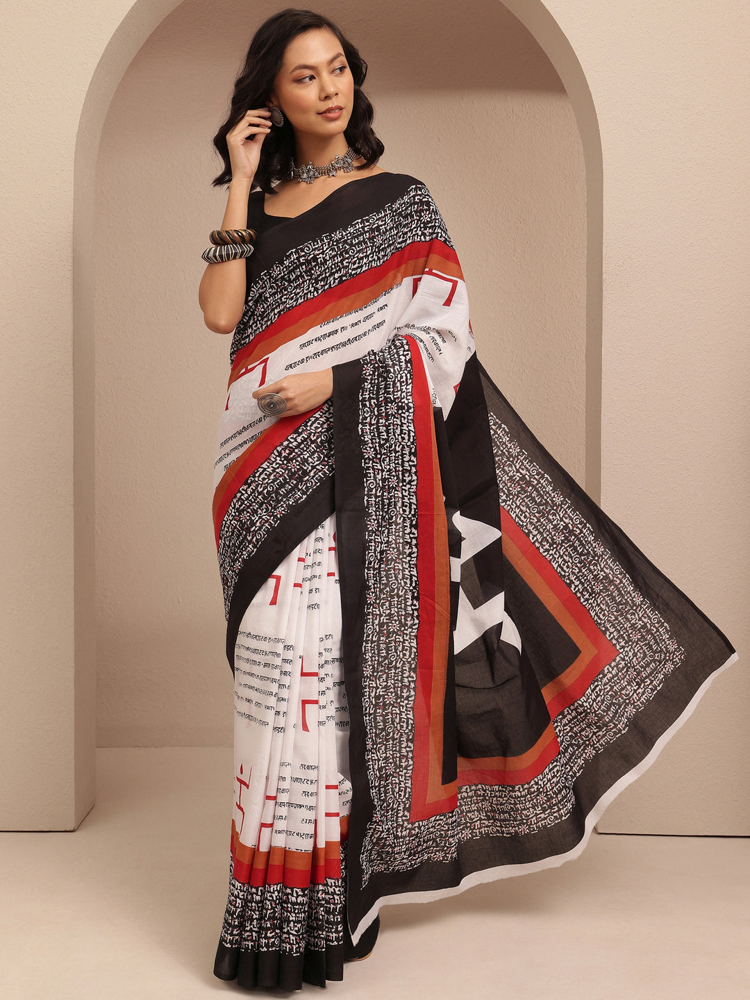  Black Printed Cotton Saree With Unstitched Blouse Piece 