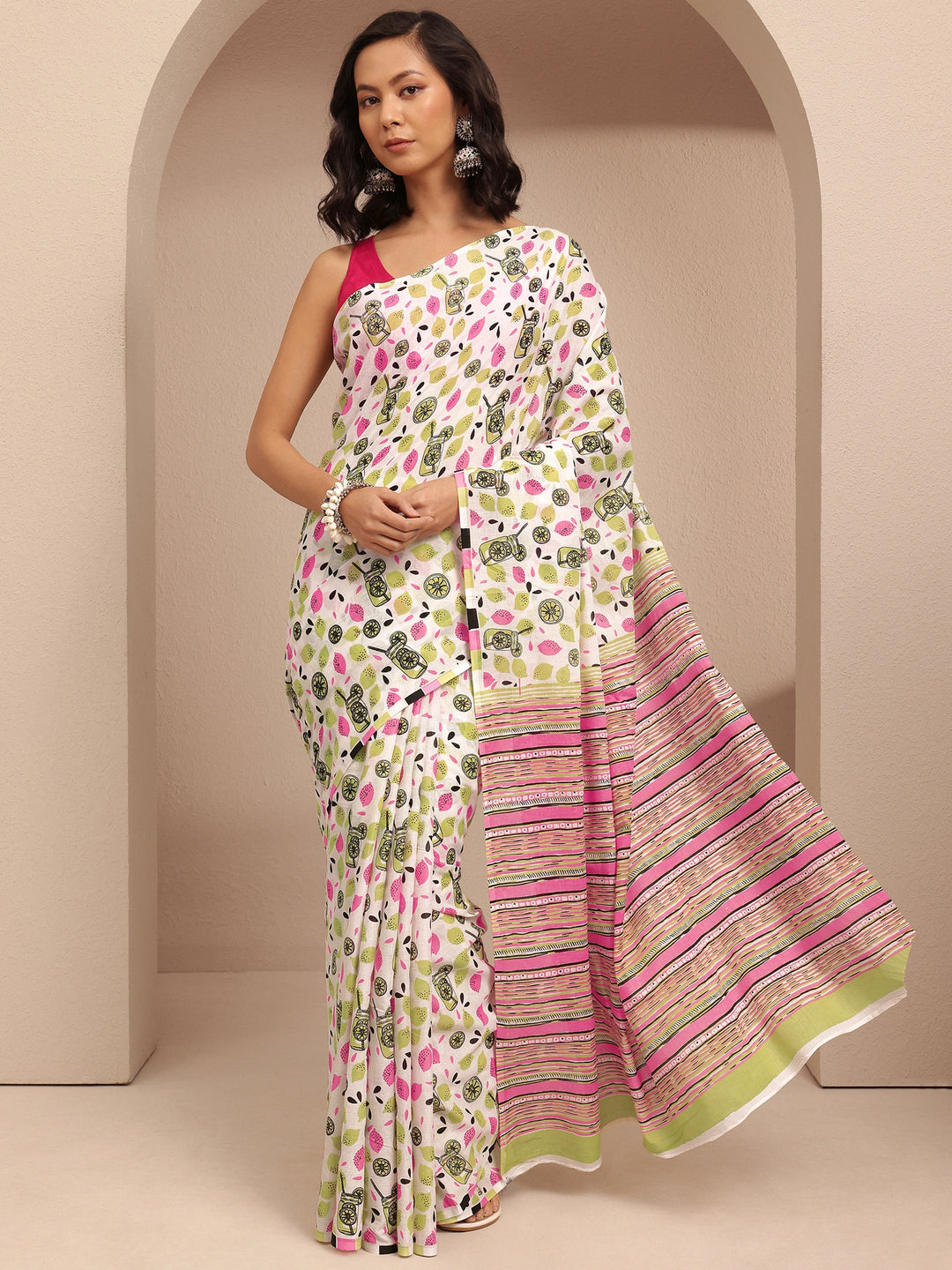  White Abstract Printed Cotton Saree With Unstitched Blouse Piece 