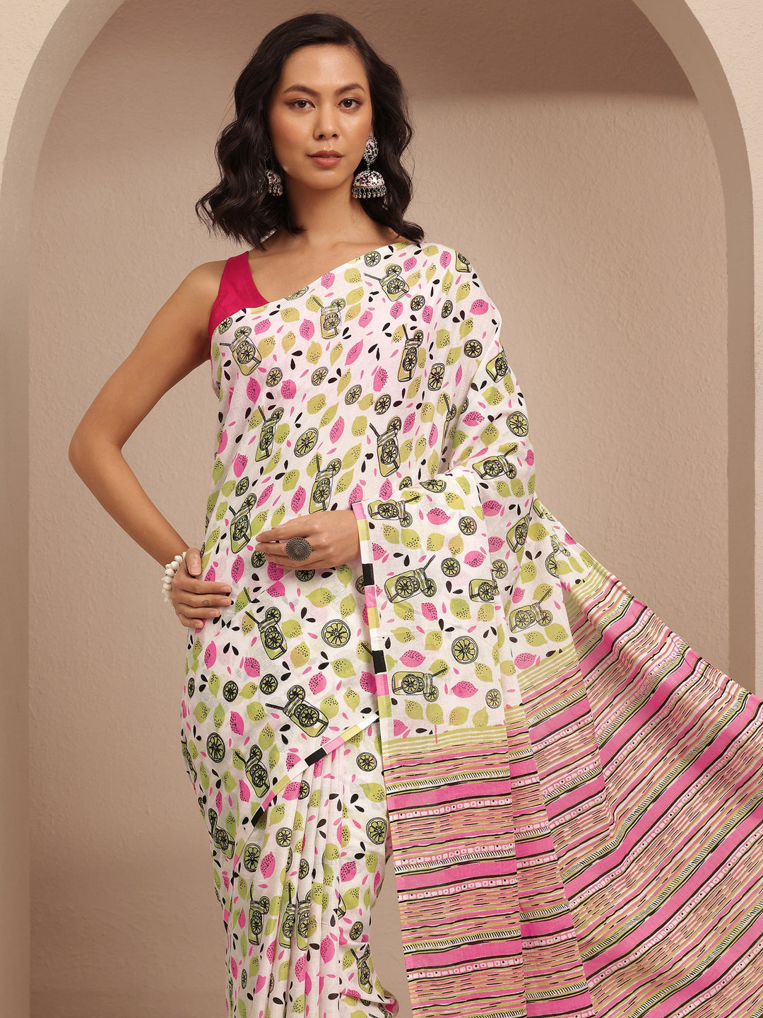  White Abstract Printed Cotton Saree With Unstitched Blouse Piece 