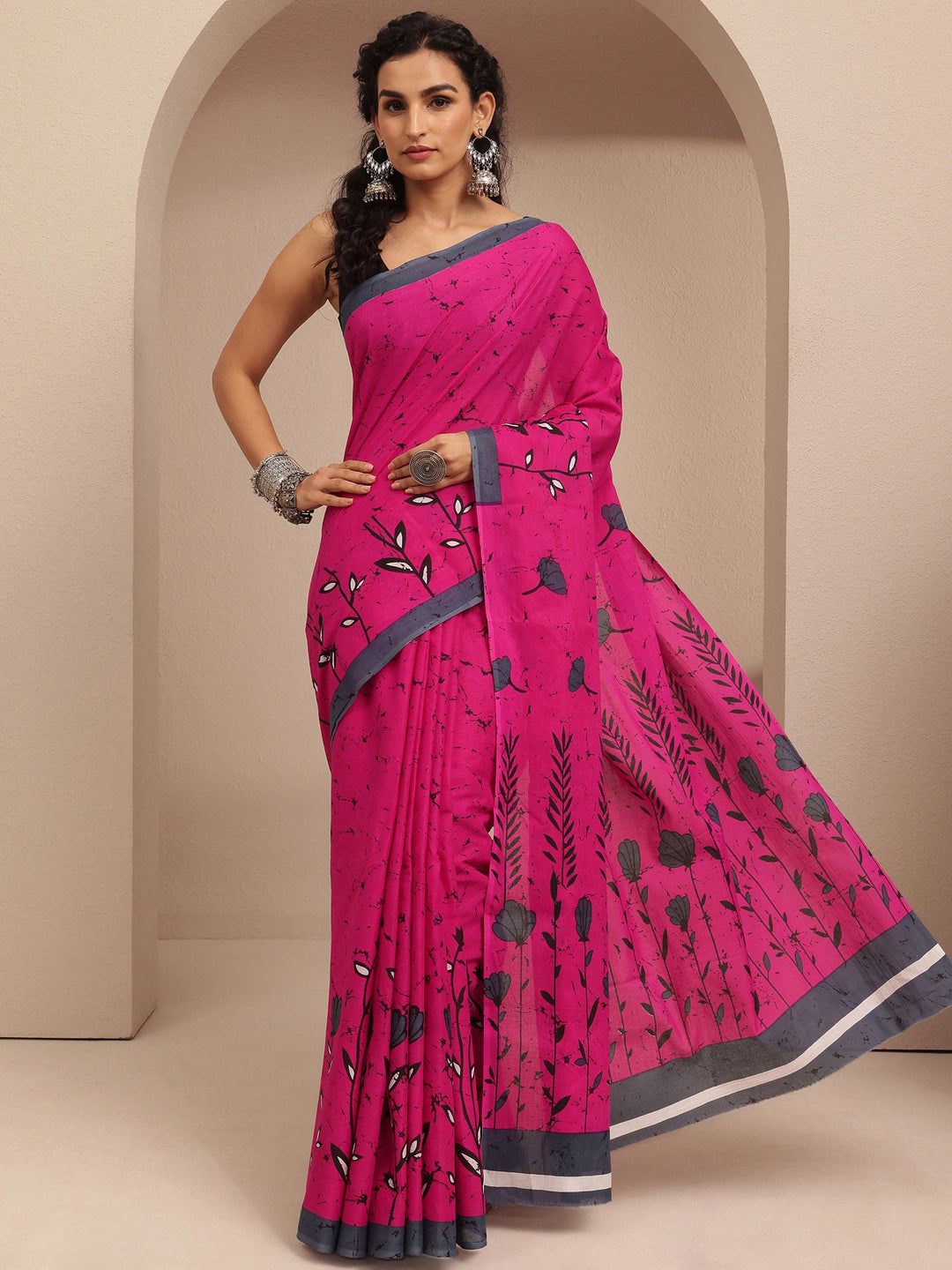  Pink Printed Cotton Saree With Unstitched Blouse Piece 