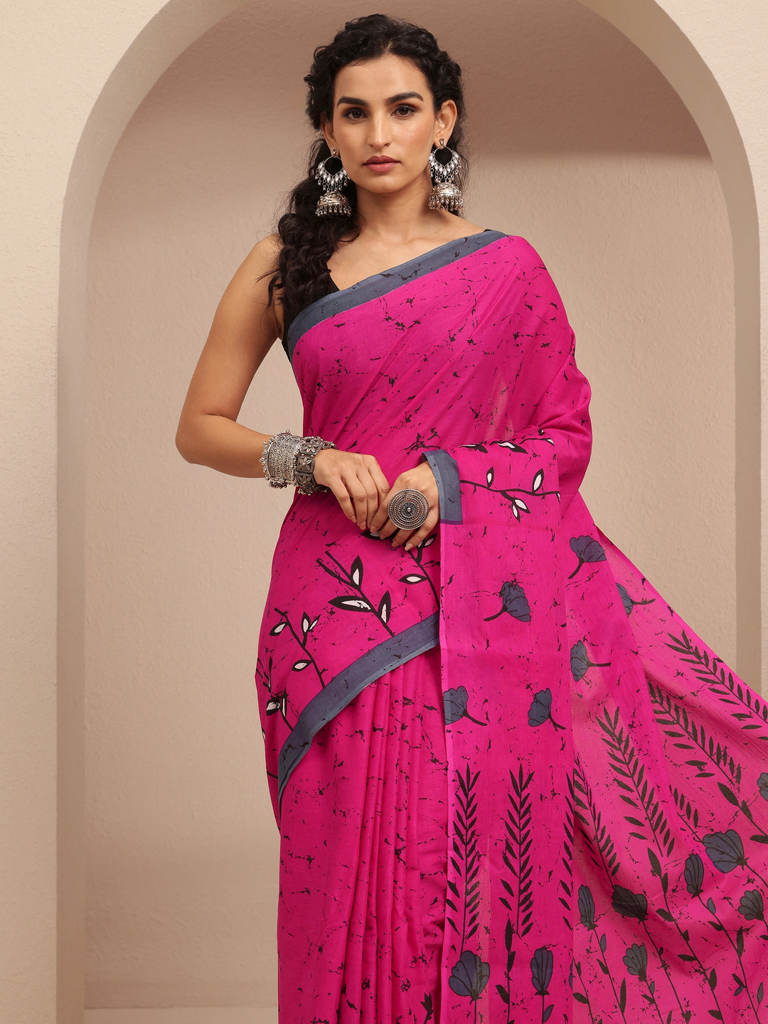  Pink Printed Cotton Saree With Unstitched Blouse Piece 