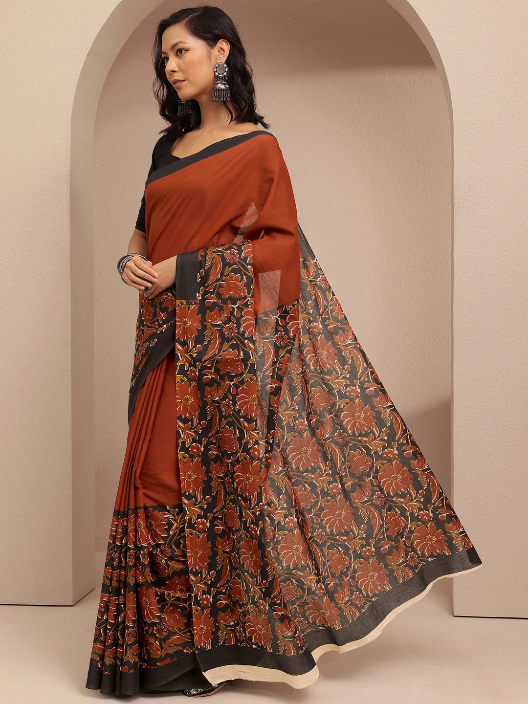  Rust Solid Cotton Saree With Unstitched Blouse Piece 