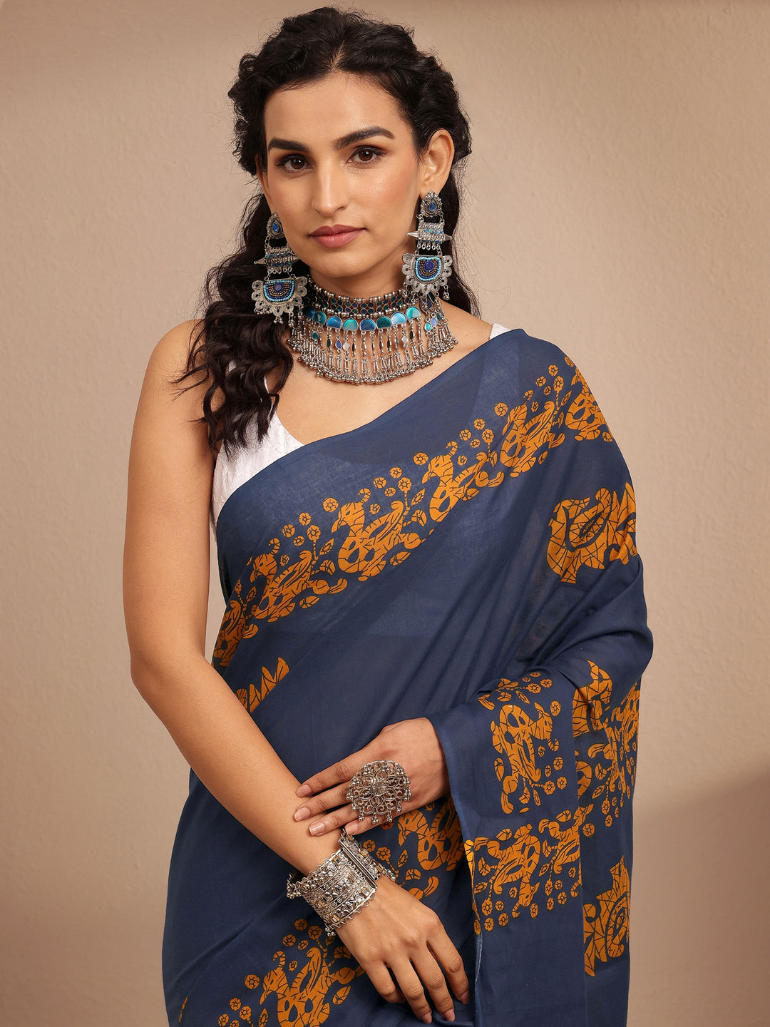  Navy Blue Printed Cotton Saree With Unstitched Blouse Piece 