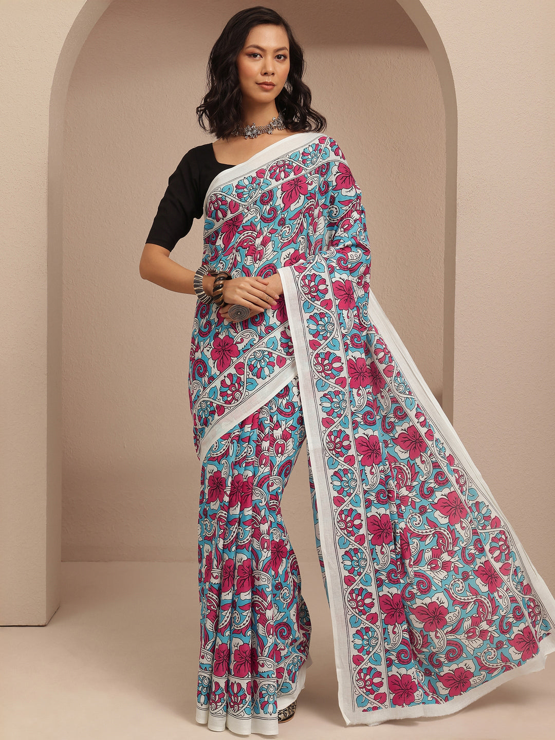  Multi Printed Cotton Saree With Unstitched Blouse Piece 