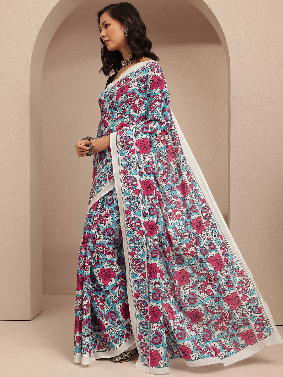  Multi Printed Cotton Saree With Unstitched Blouse Piece 