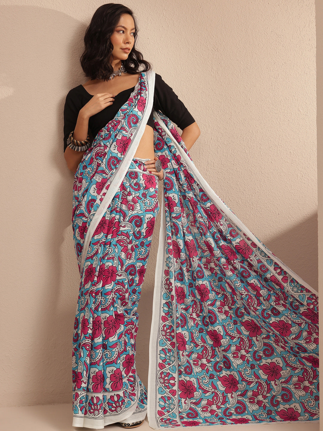 Multi Printed Cotton Saree With Unstitched Blouse Piece 