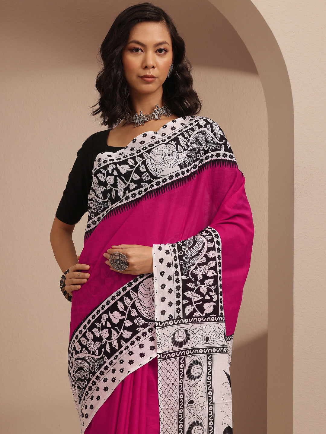  Pink Solid Cotton Saree With Unstitched Blouse Piece 
