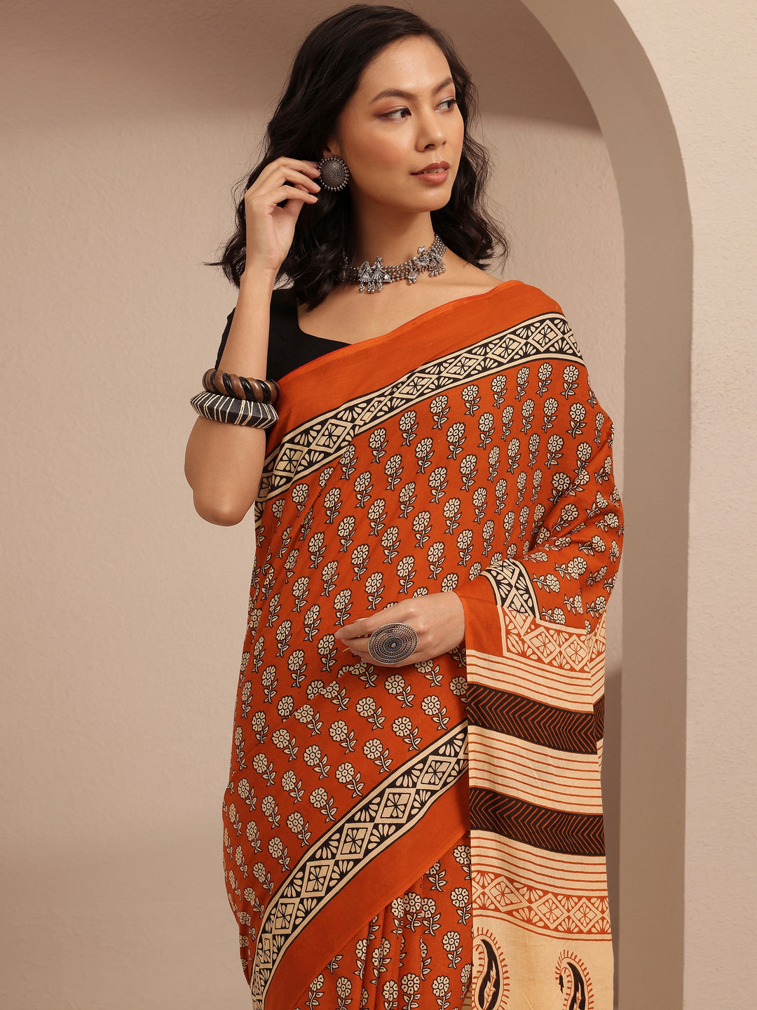  Rust Printed Cotton Saree With Unstitched Blouse Piece 