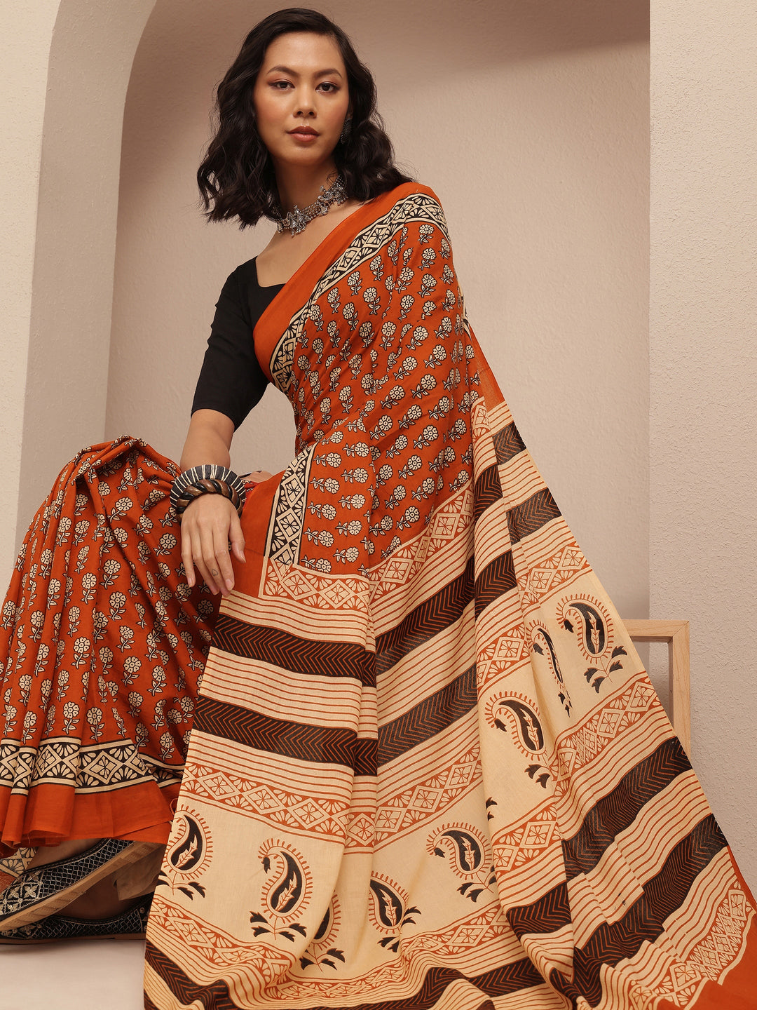  Rust Printed Cotton Saree With Unstitched Blouse Piece 