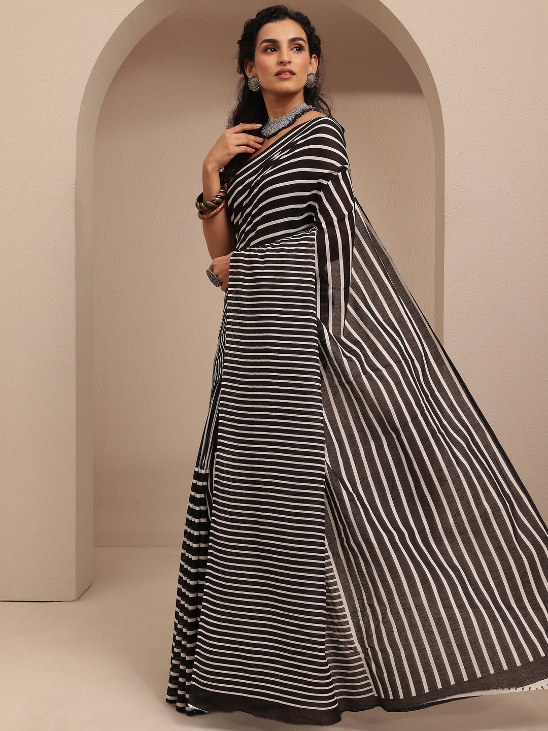  Black Striped Printed Cotton Saree With Unstitched Blouse Piece 