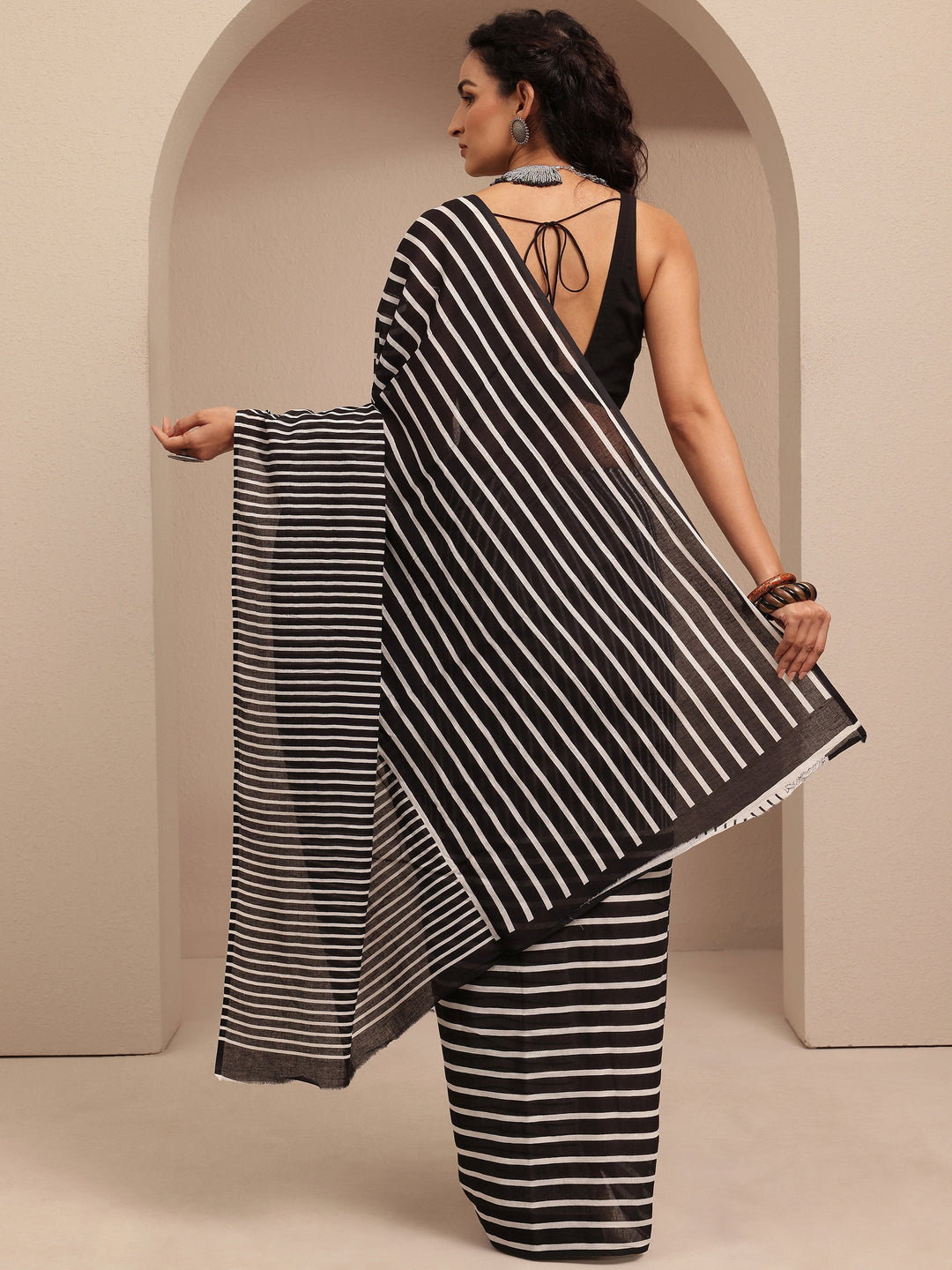  Black Striped Printed Cotton Saree With Unstitched Blouse Piece 