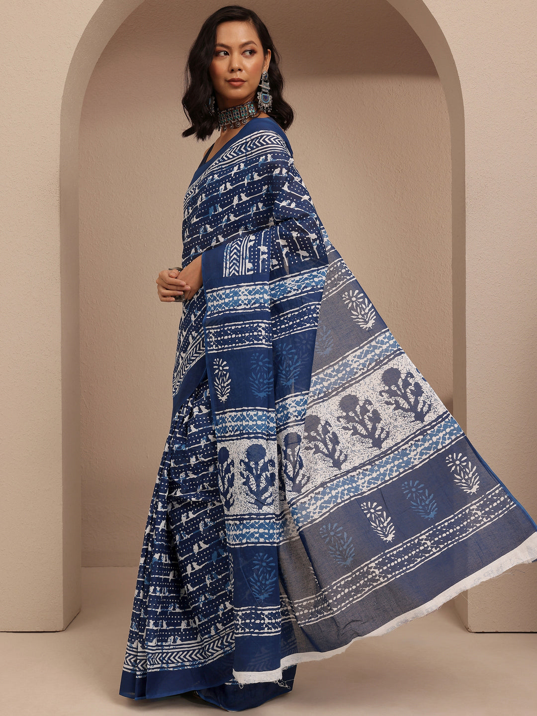  Blue Block Printed Cotton Saree With Unstitched Blouse Piece 