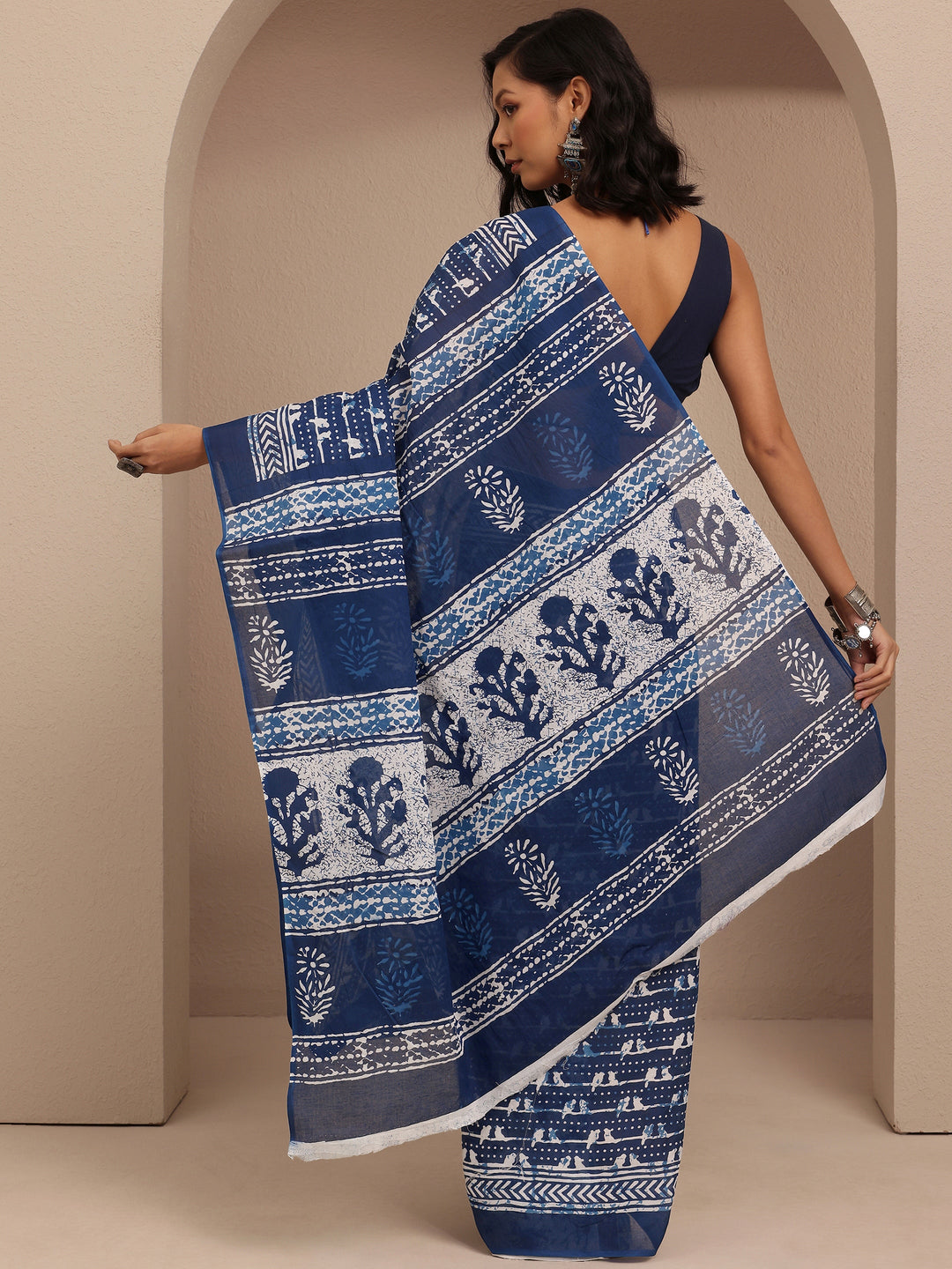  Blue Block Printed Cotton Saree With Unstitched Blouse Piece 