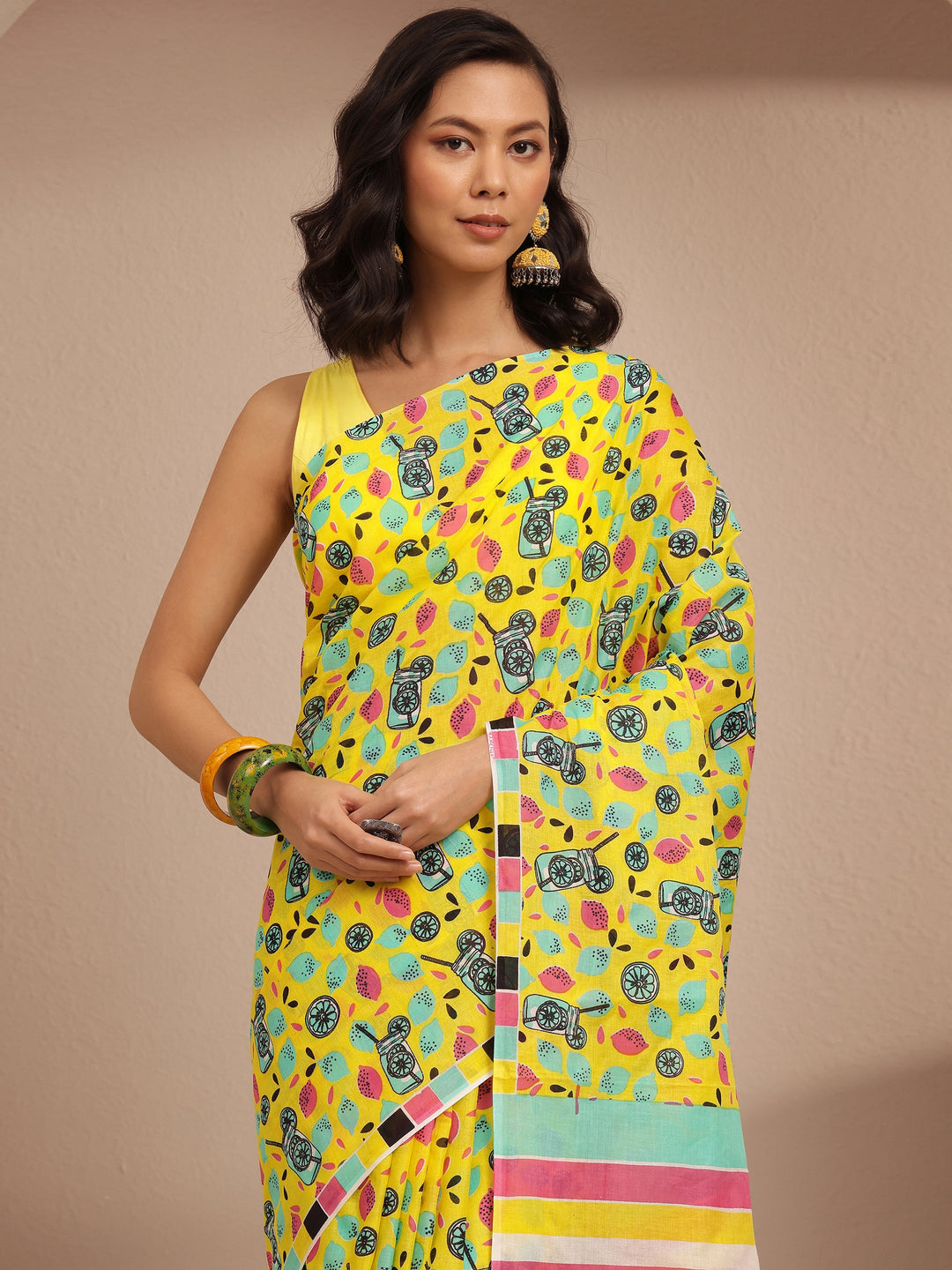  Yellow Abstract Printed Cotton Saree With Unstitched Blouse Piece 
